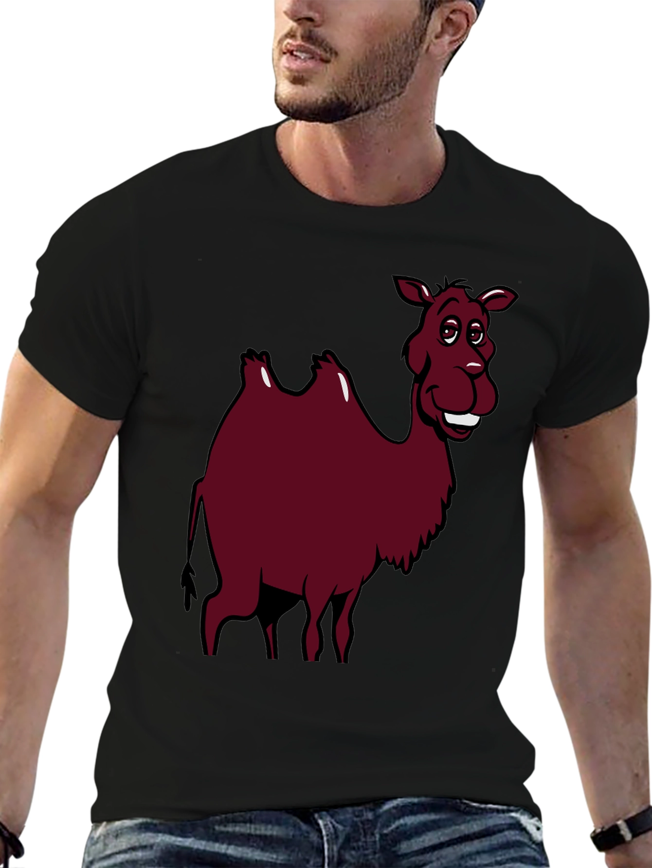 Cartoon Camel Graphic Tee - Black Cotton T-Shirt
