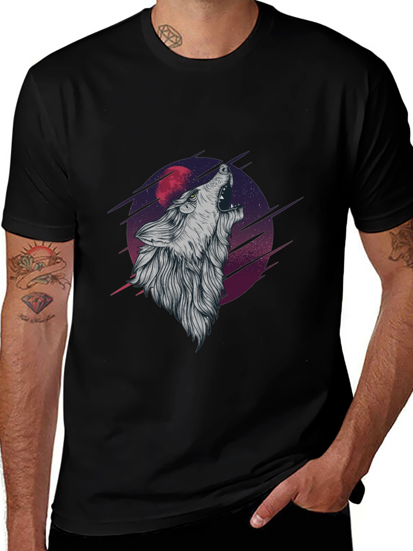 Wolf Howling at Moon Graphic Tee - Black