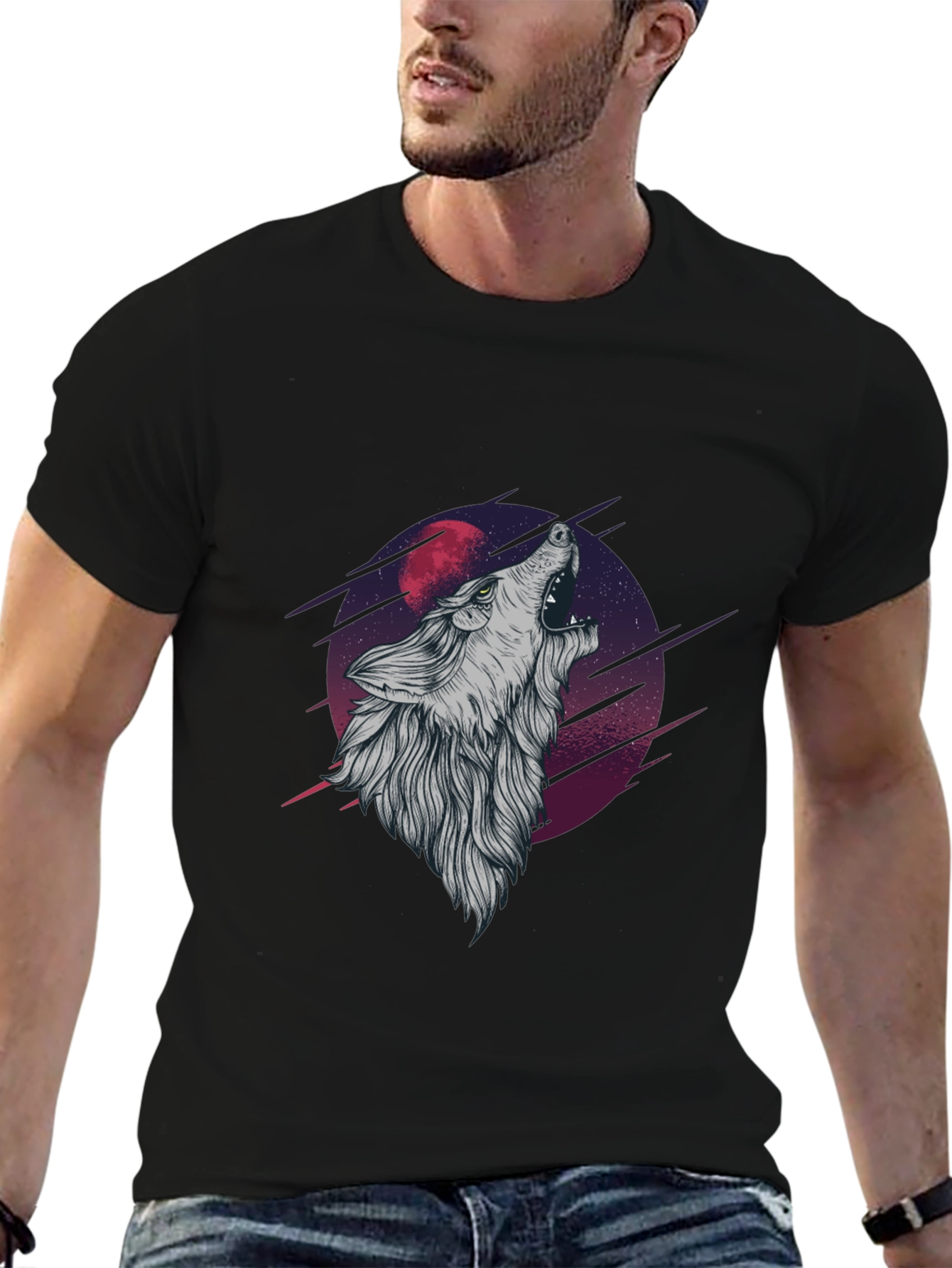 Wolf Howling at Moon Graphic Tee - Black