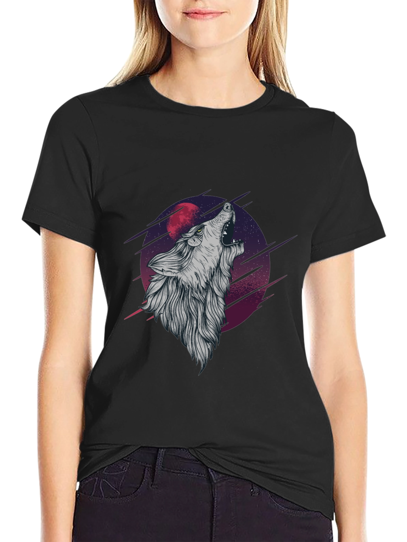 Wolf Howling at Moon Graphic Tee - Black