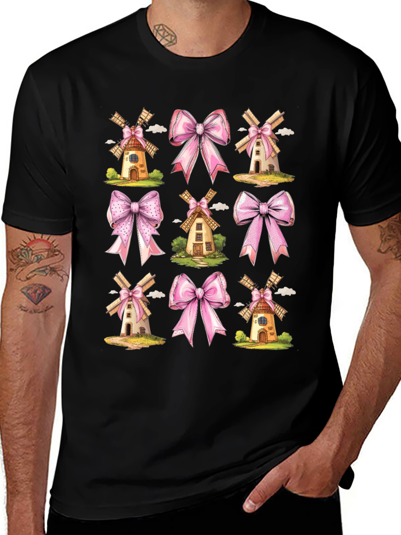 Whimsical Windmill & Bow Print T-Shirt