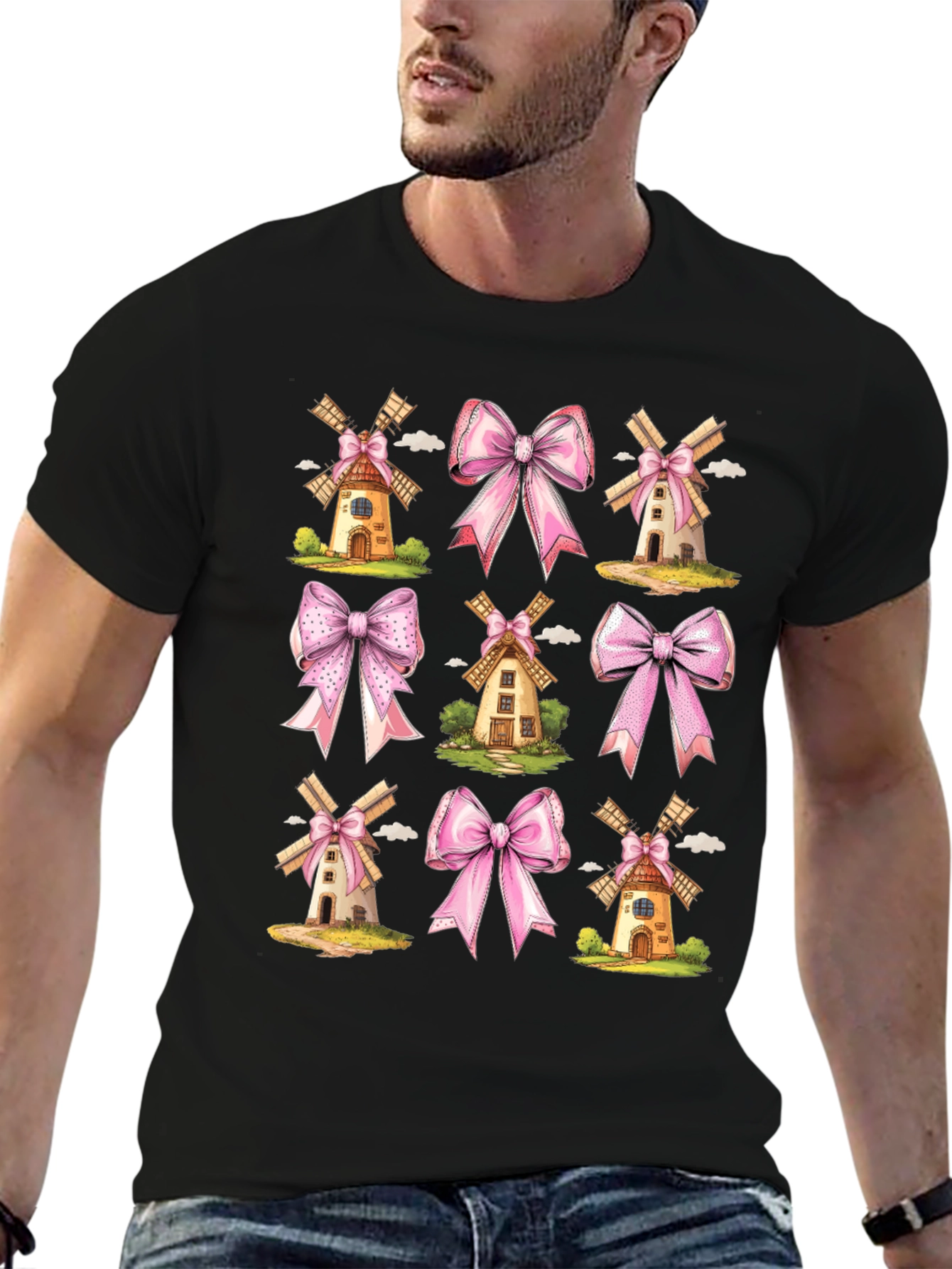 Whimsical Windmill & Bow Print T-Shirt
