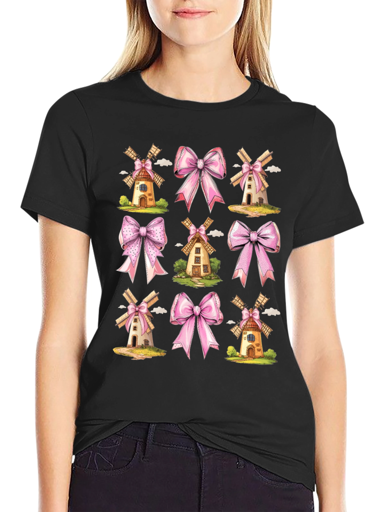 Whimsical Windmill & Bow Print T-Shirt