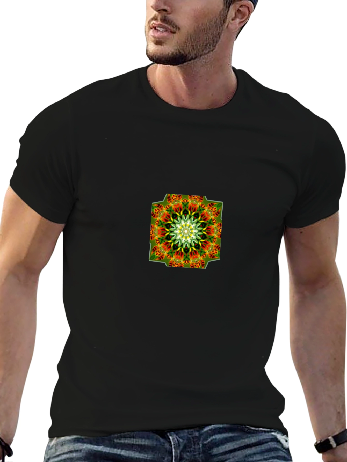 Black Graphic Tee with Abstract Mandala Design