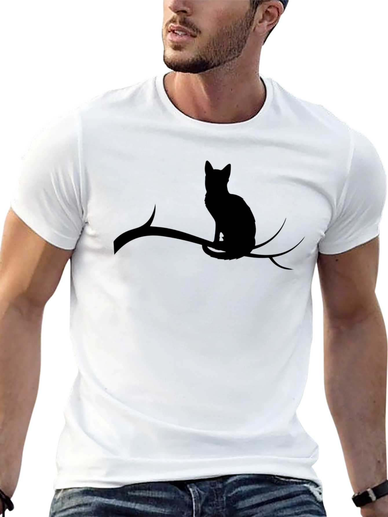 Cat on Branch Black T-Shirt - Unique Design