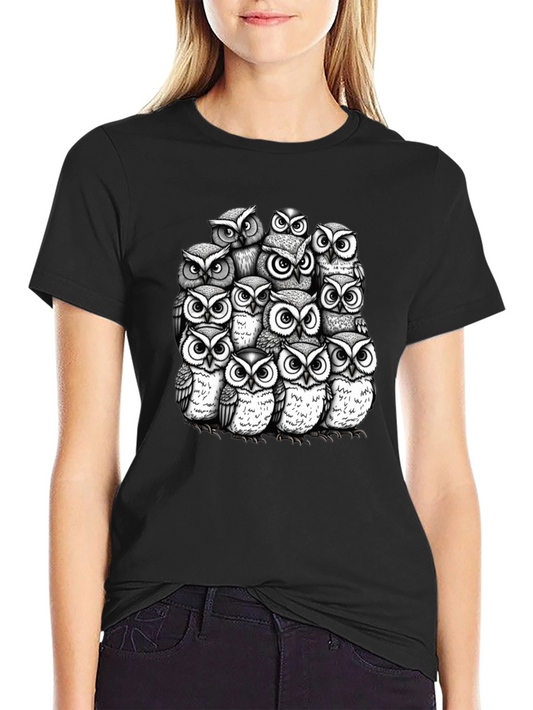 Owl Crowd Graphic T-Shirt - Black Cotton Tee