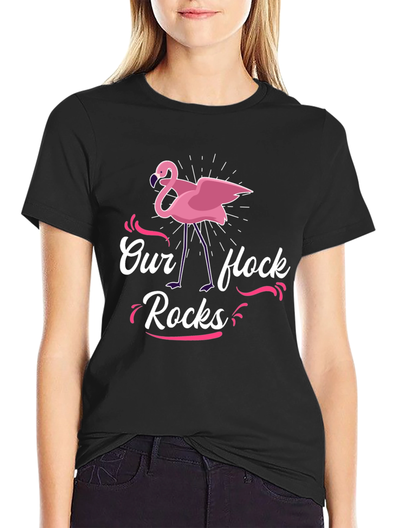 Our Flock Rocks Flamingo Graphic Tee - Black