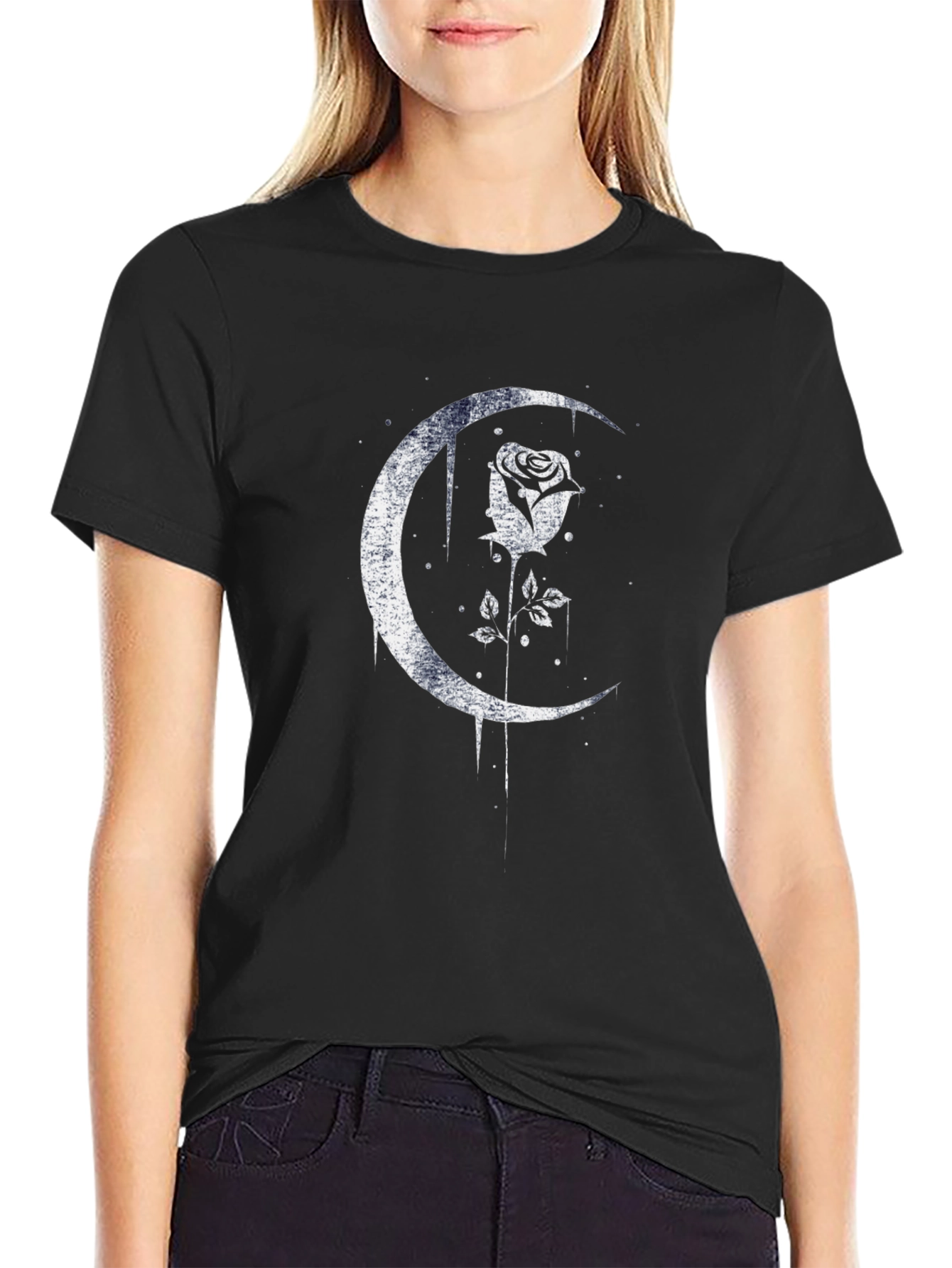 Moon Rose Graphic Tee - Black Crew Neck