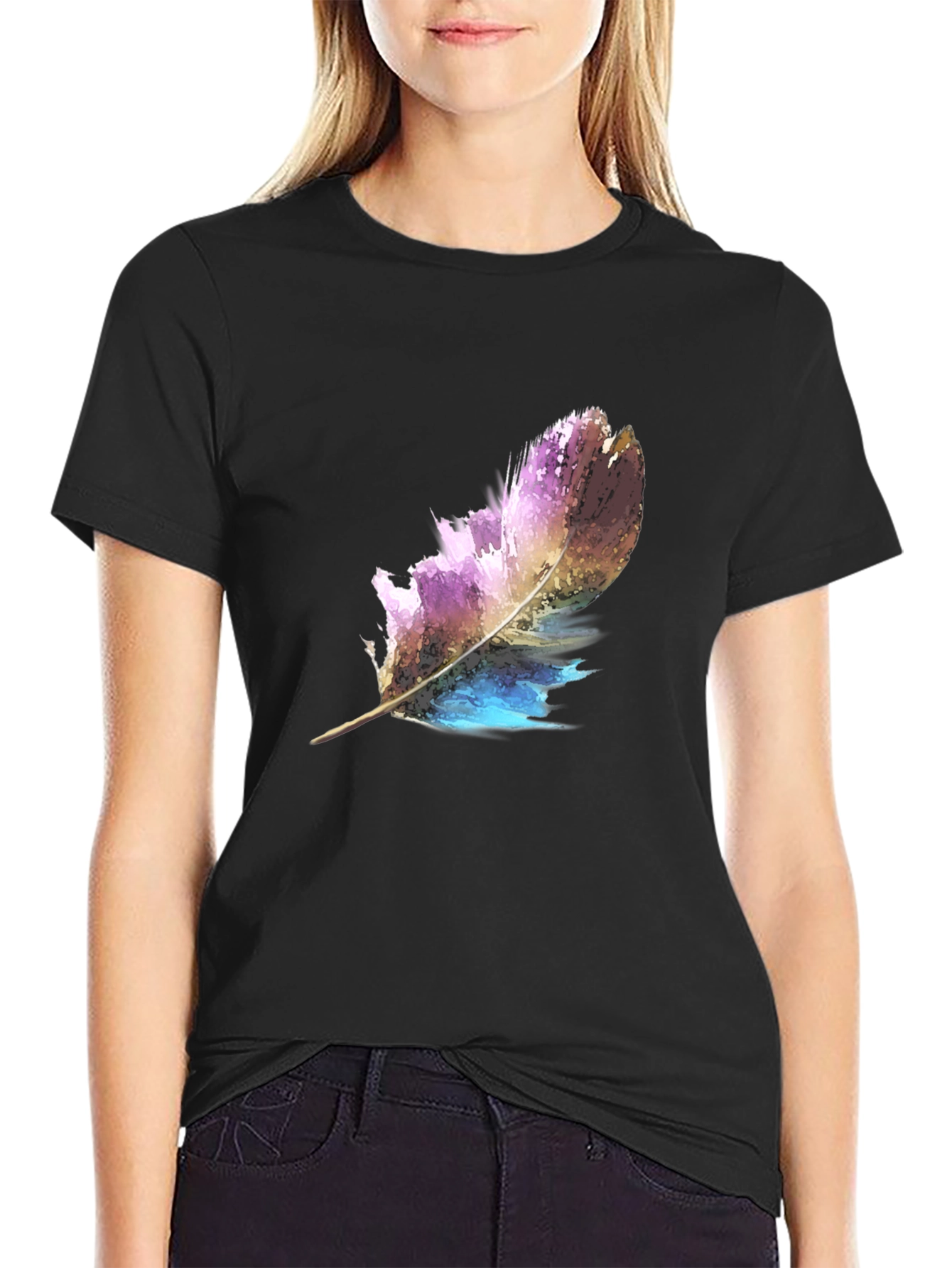 Feather Graphic Print Black T-Shirt