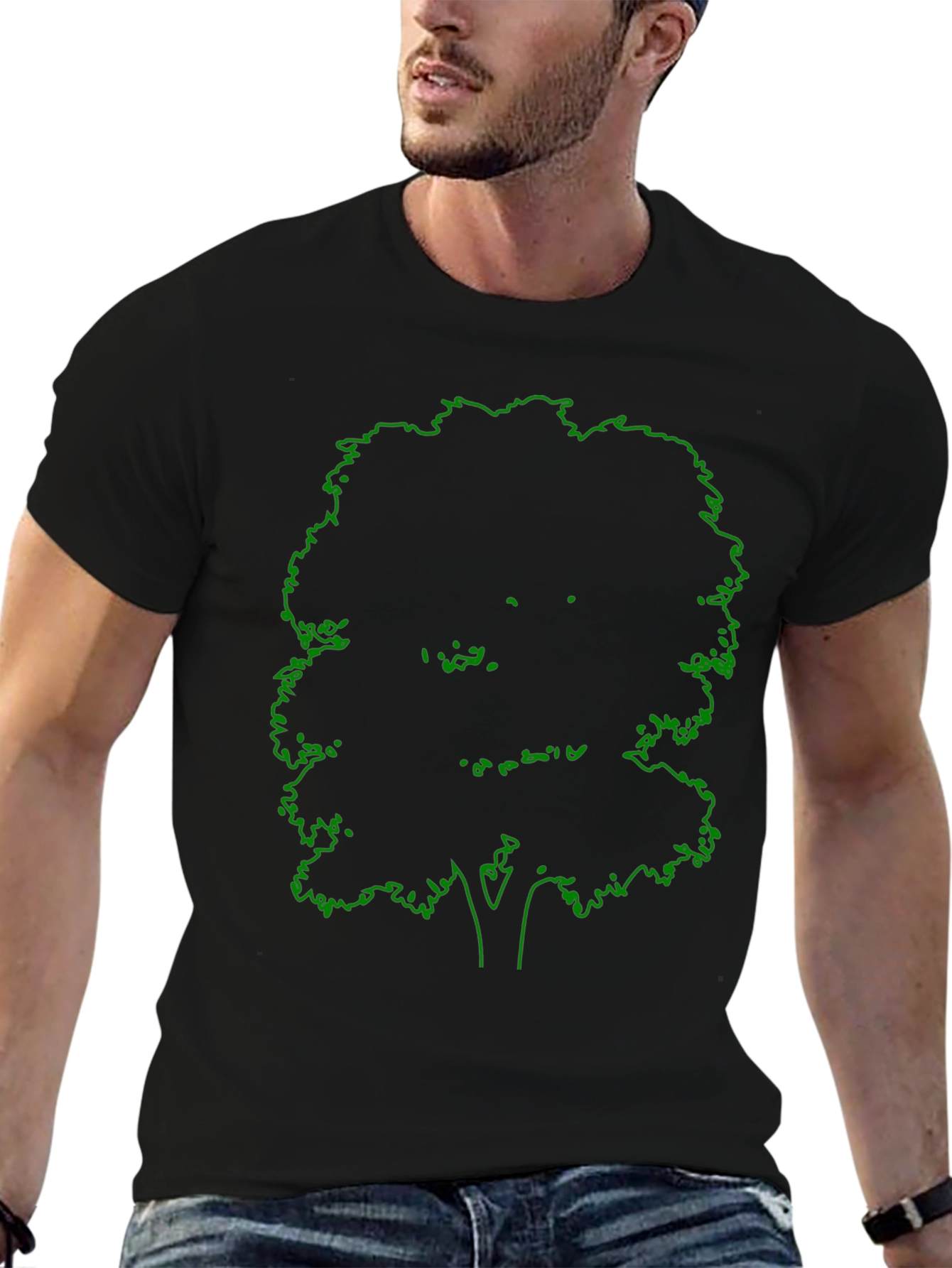 Black T-Shirt with Green Tree Outline Design