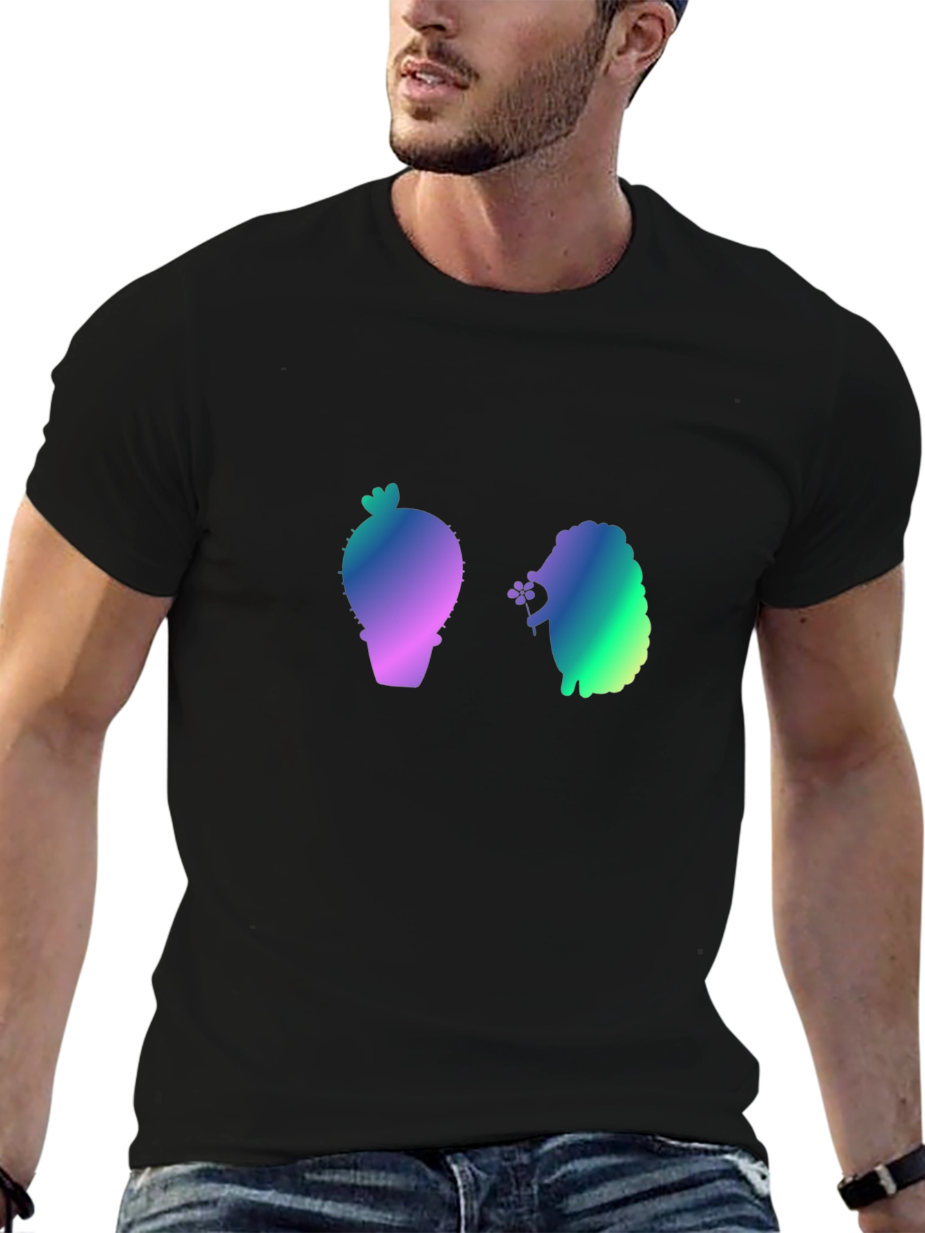 Cactus and Hedgehog Graphic Black T-Shirt