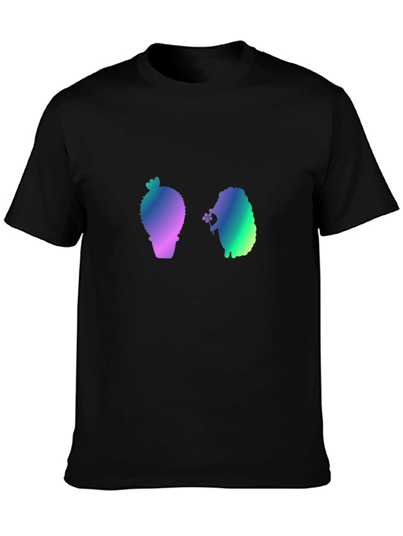 Cactus and Hedgehog Graphic Black T-Shirt