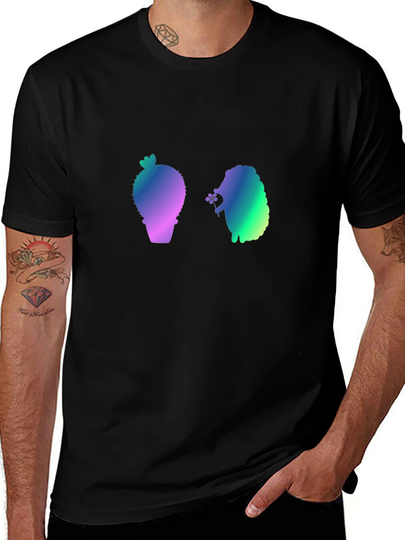 Cactus and Hedgehog Graphic Black T-Shirt