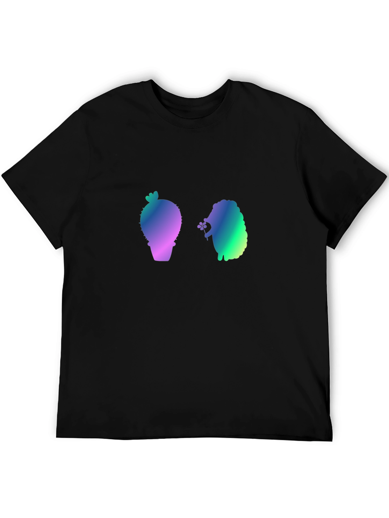 Cactus and Hedgehog Graphic Black T-Shirt
