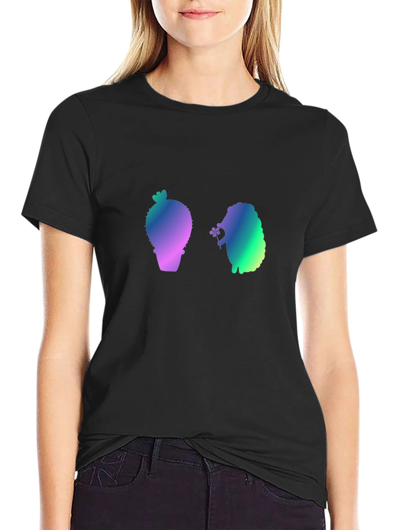 Cactus and Hedgehog Graphic Black T-Shirt