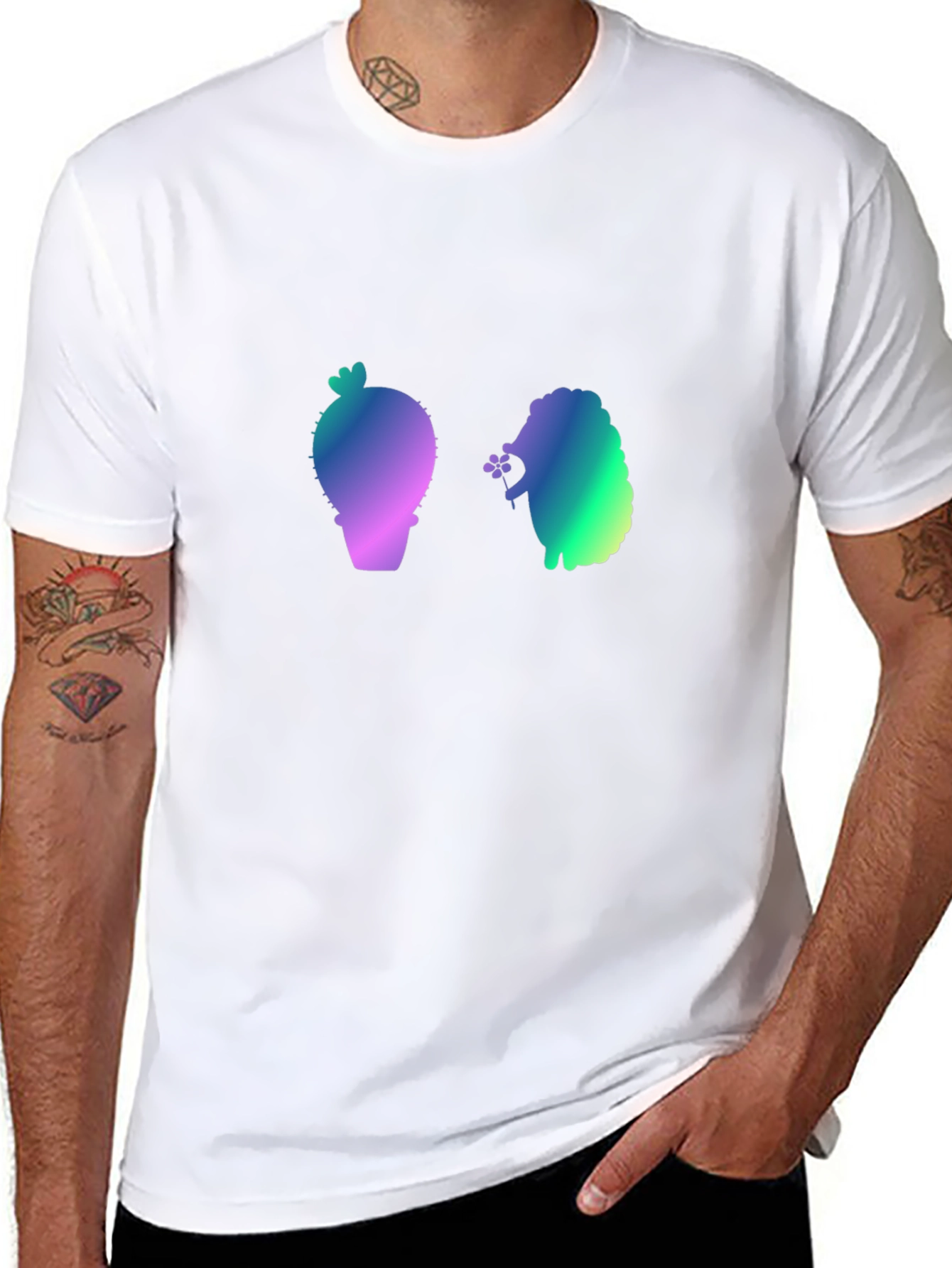 Cactus and Hedgehog Graphic Black T-Shirt