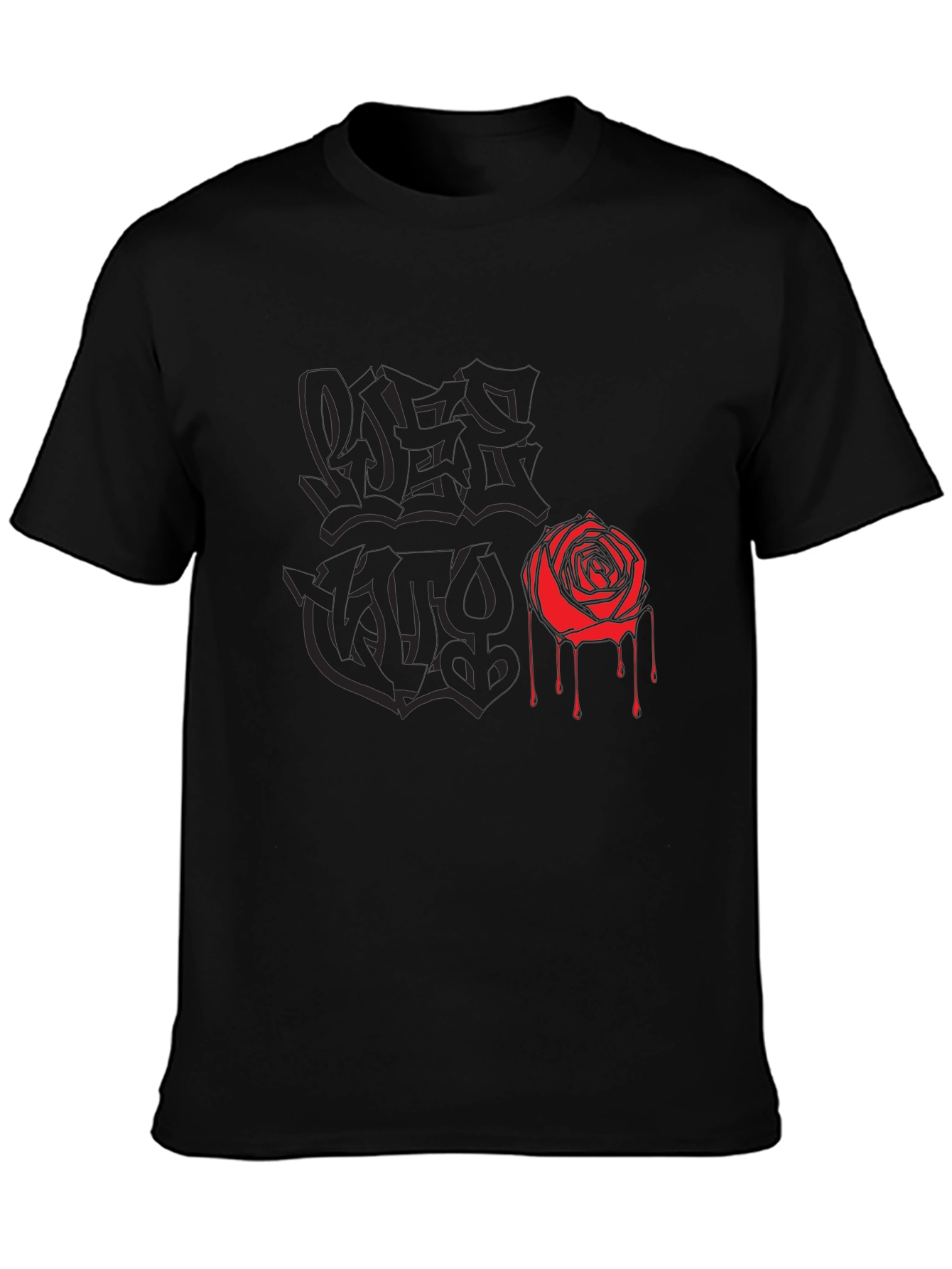 Black Graphic Tee with Rose and Graffiti Print