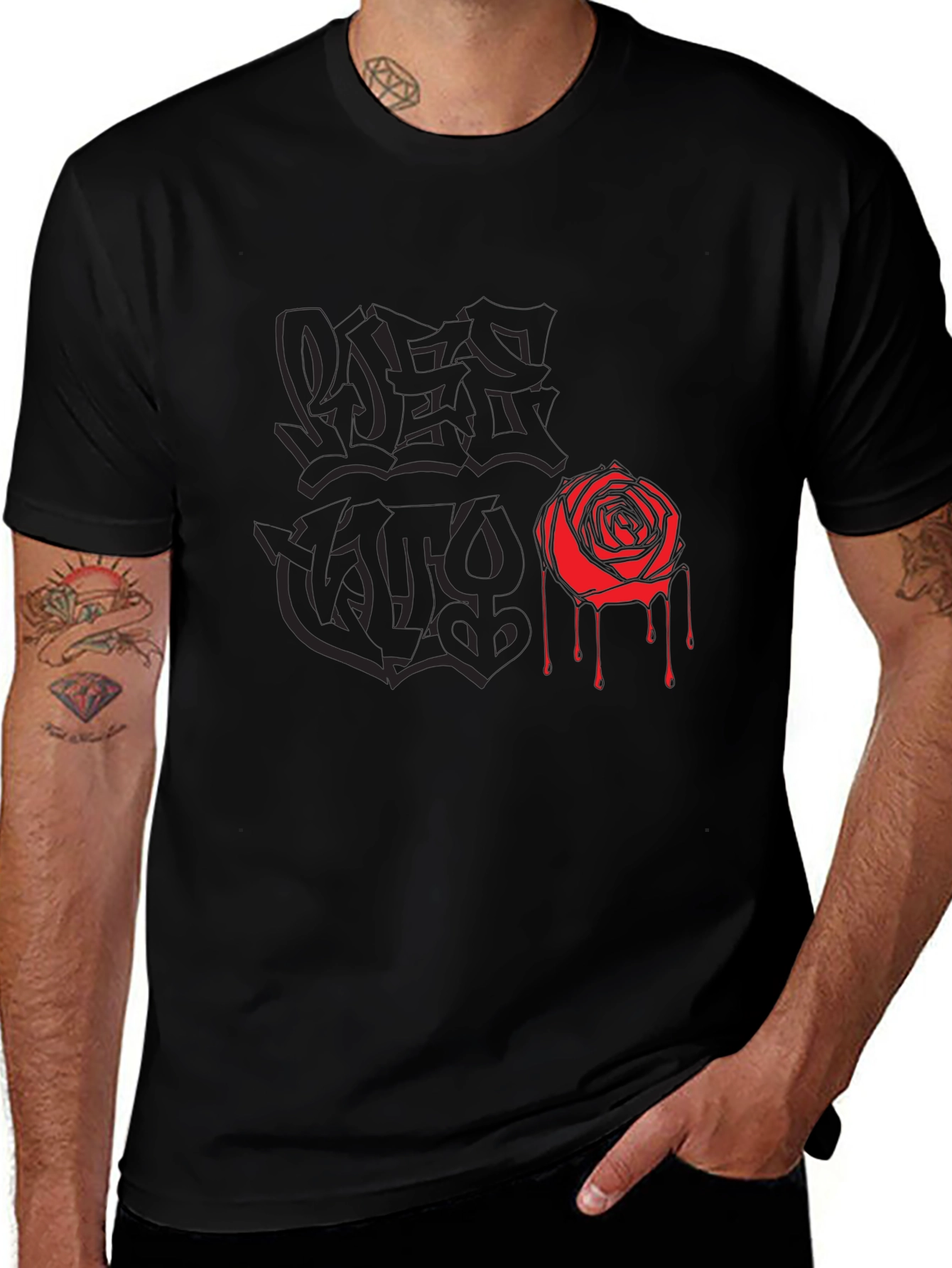 Black Graphic Tee with Rose and Graffiti Print