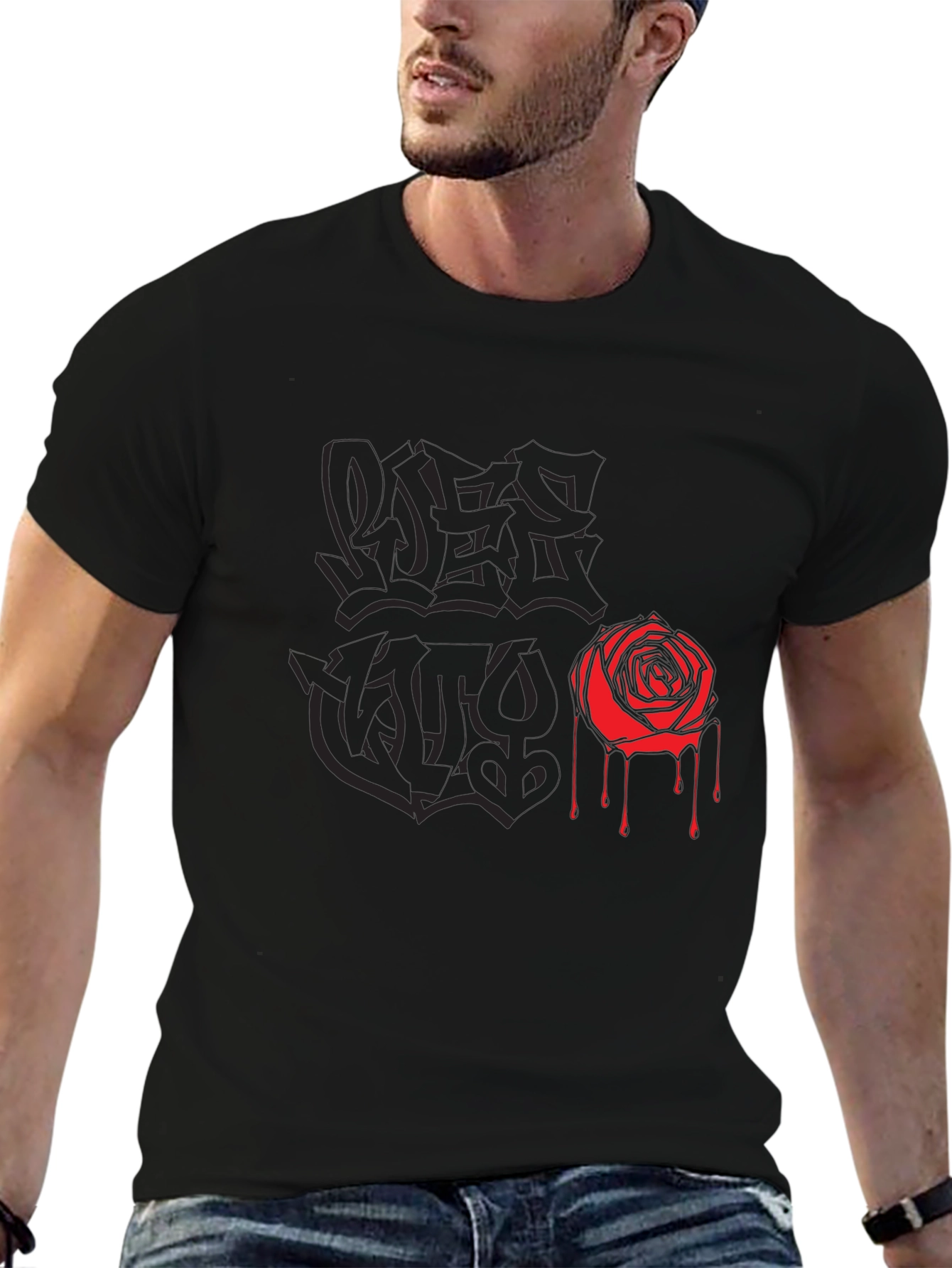 Black Graphic Tee with Rose and Graffiti Print