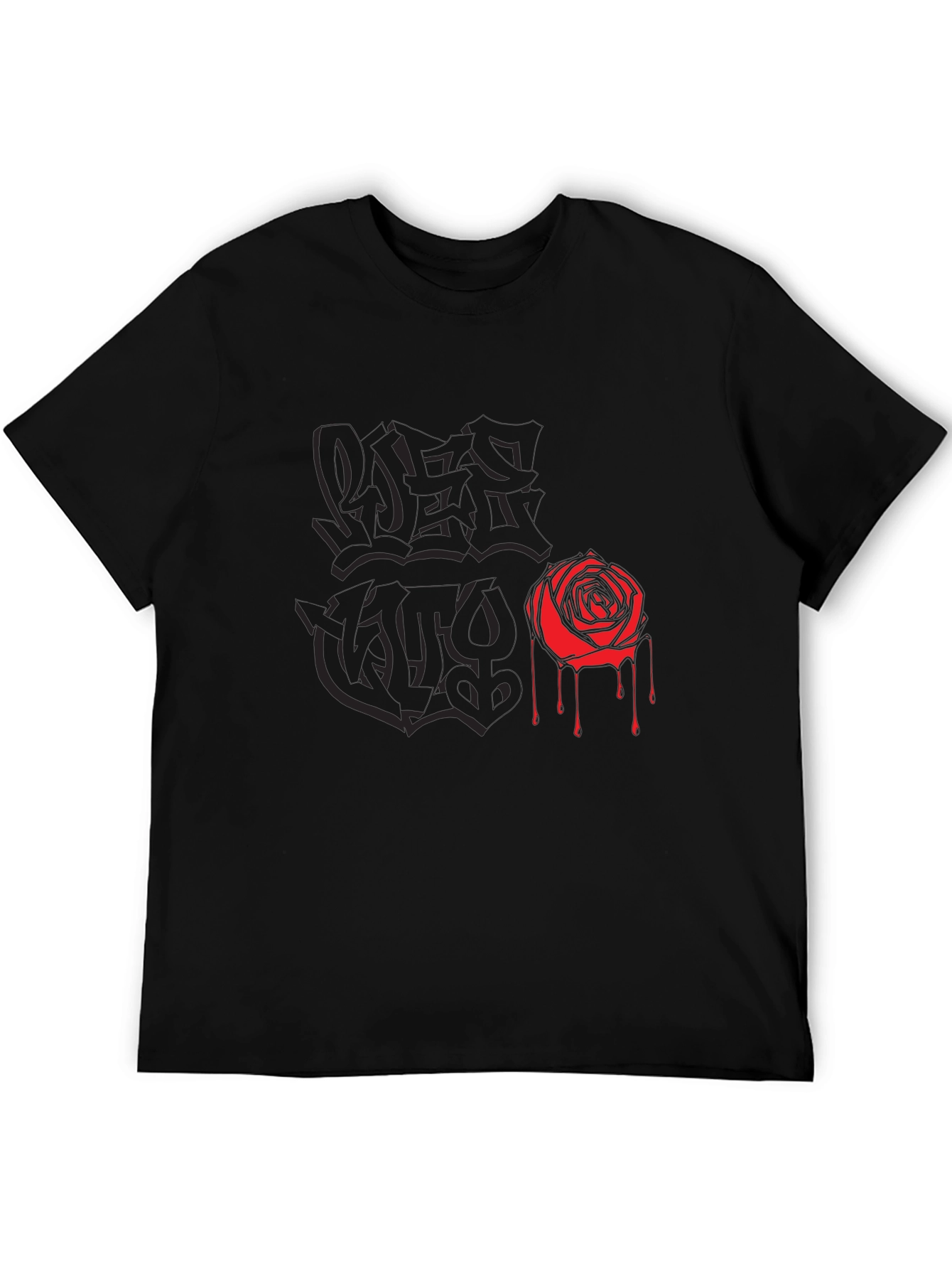 Black Graphic Tee with Rose and Graffiti Print