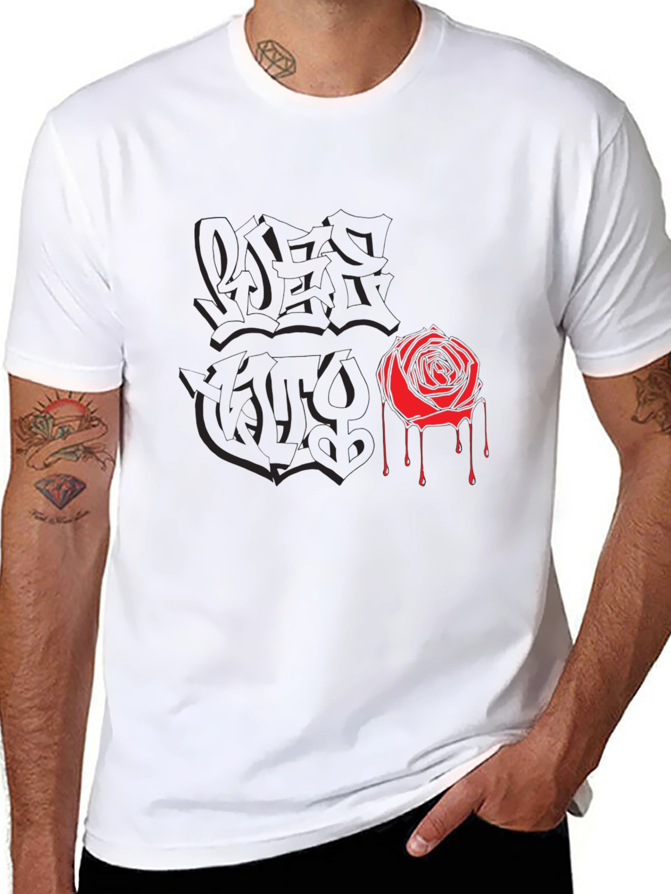 Black Graphic Tee with Rose and Graffiti Print