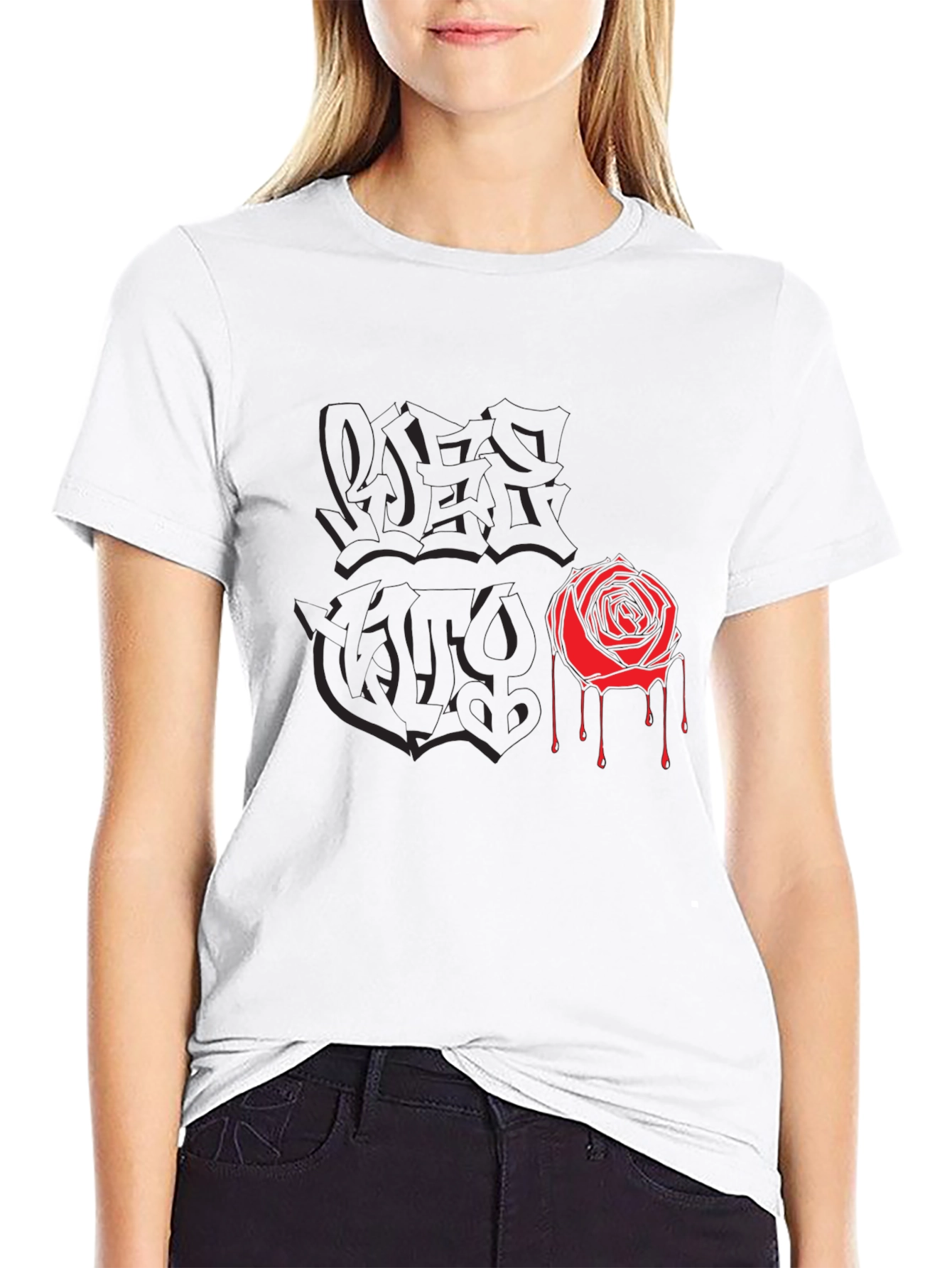 Black Graphic Tee with Rose and Graffiti Print