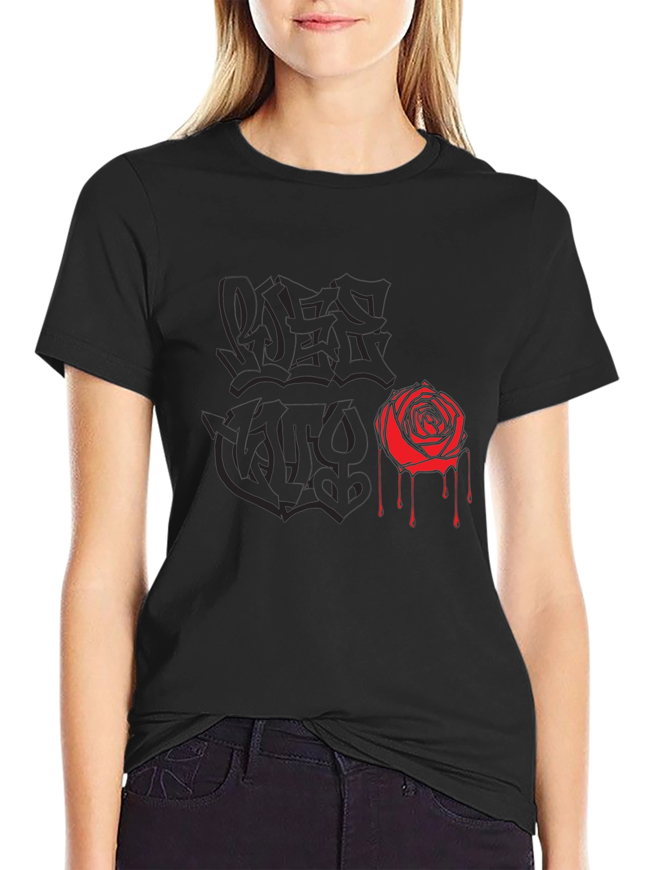 Black Graphic Tee with Rose and Graffiti Print