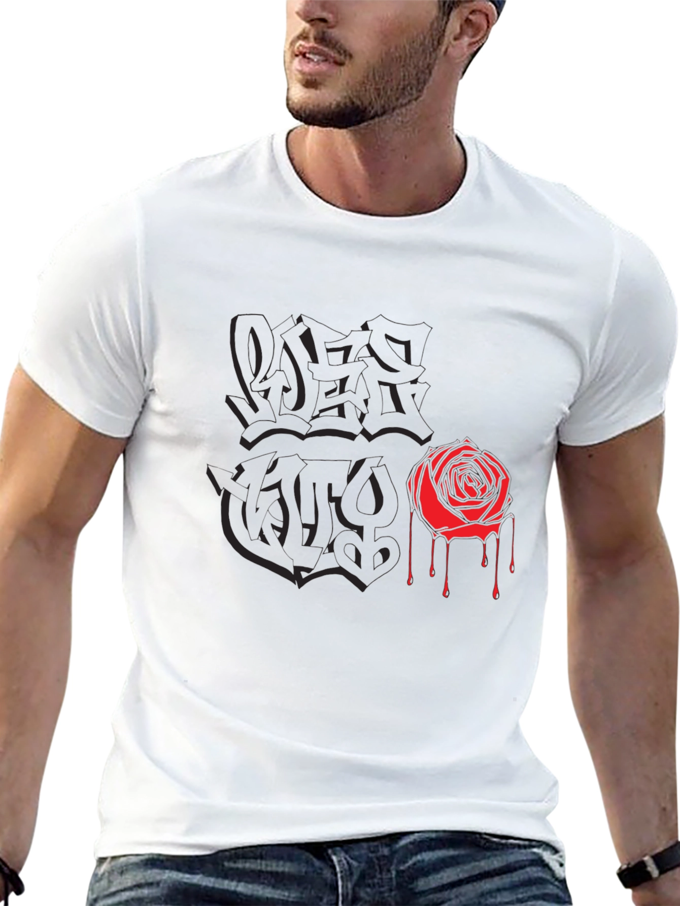 Black Graphic Tee with Rose and Graffiti Print