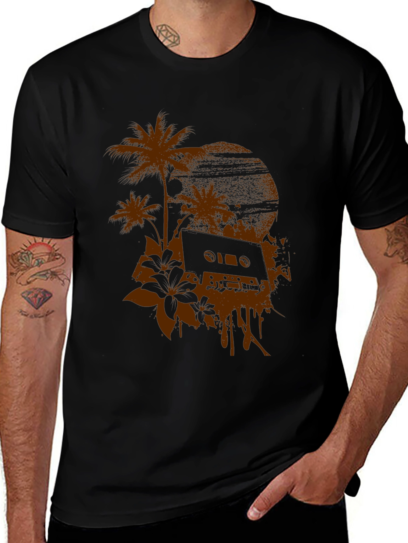 Retro Vibes Graphic Tee - Palm & Cassette Print