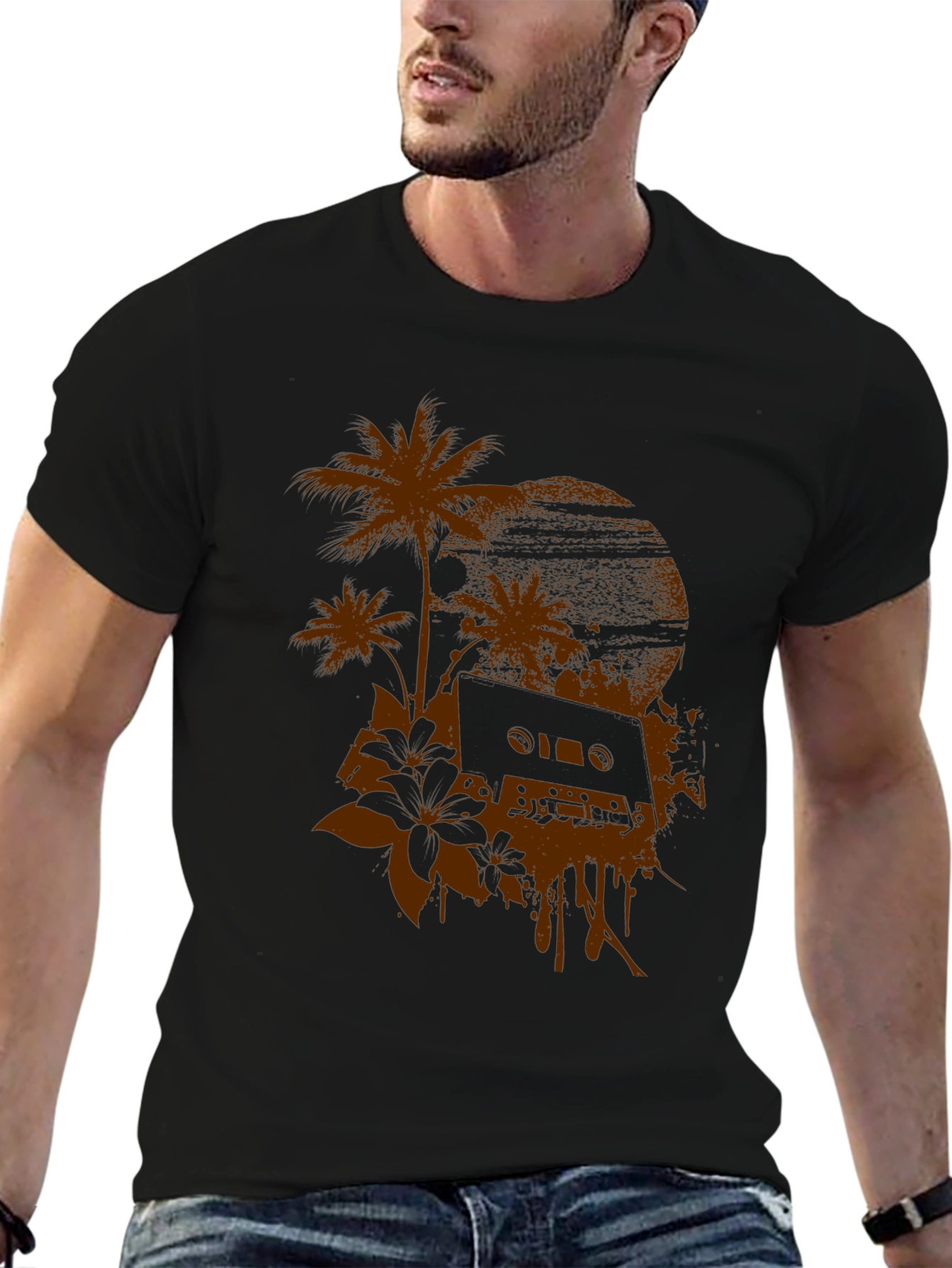 Retro Vibes Graphic Tee - Palm & Cassette Print