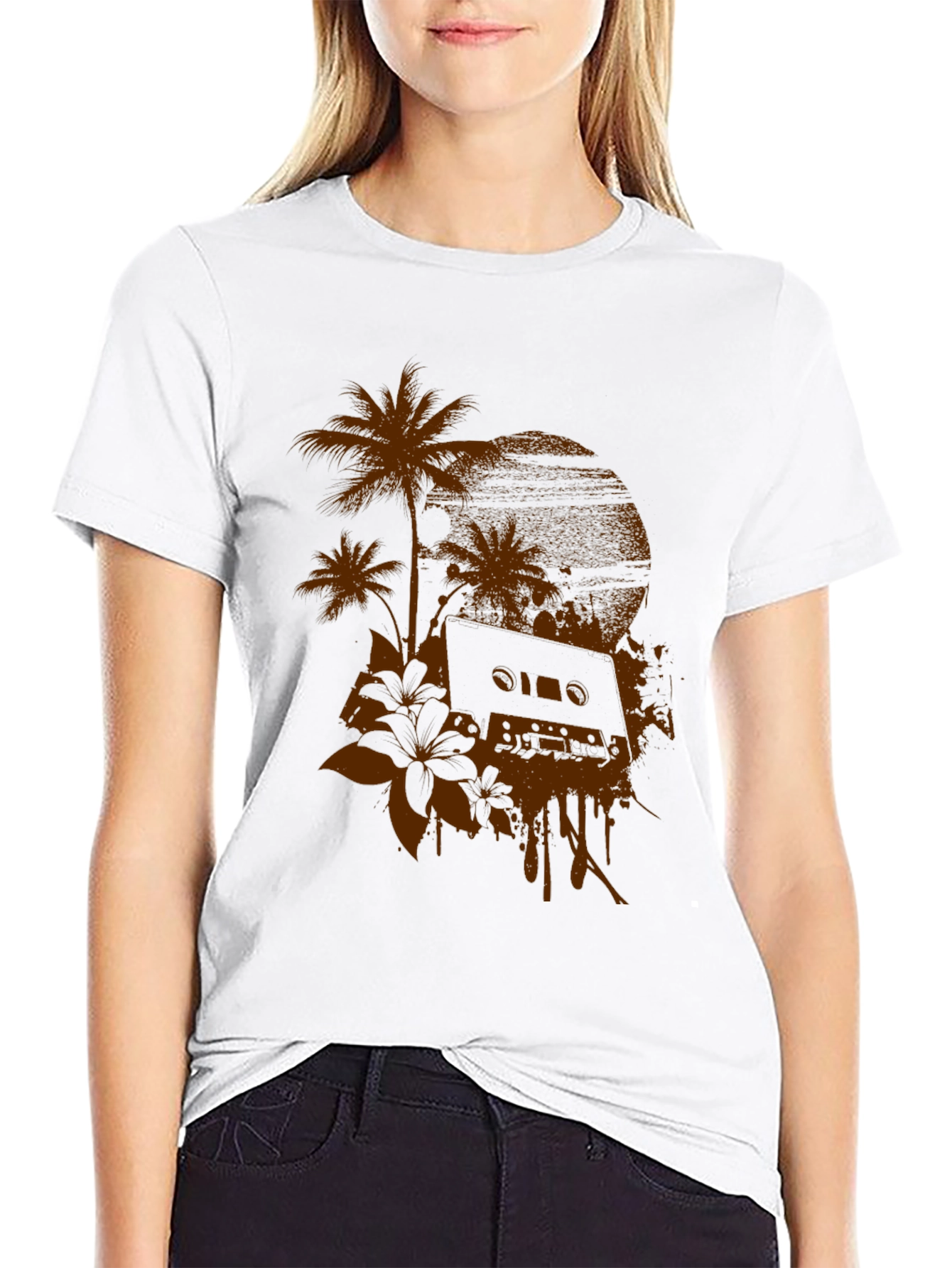 Retro Vibes Graphic Tee - Palm & Cassette Print