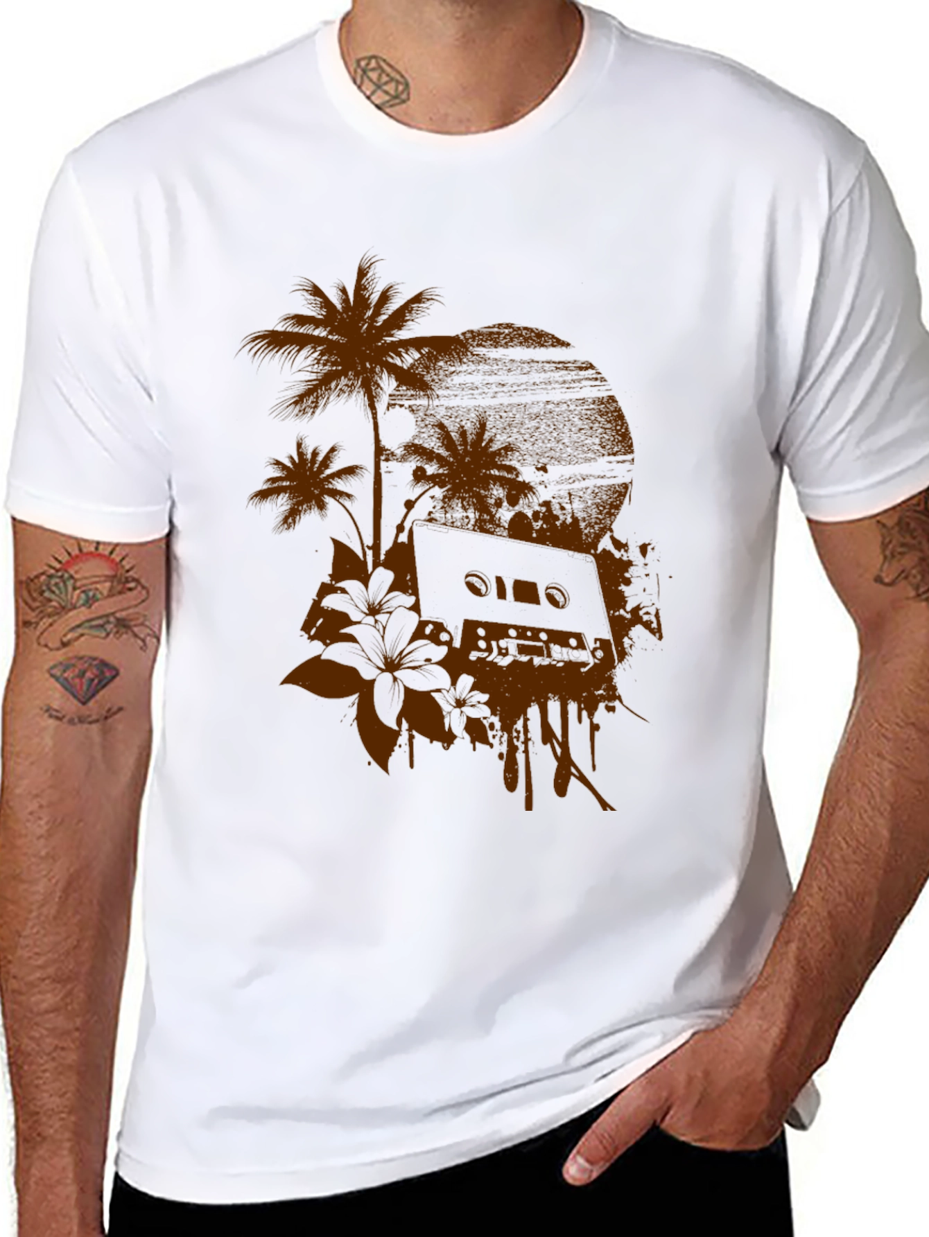 Retro Vibes Graphic Tee - Palm & Cassette Print