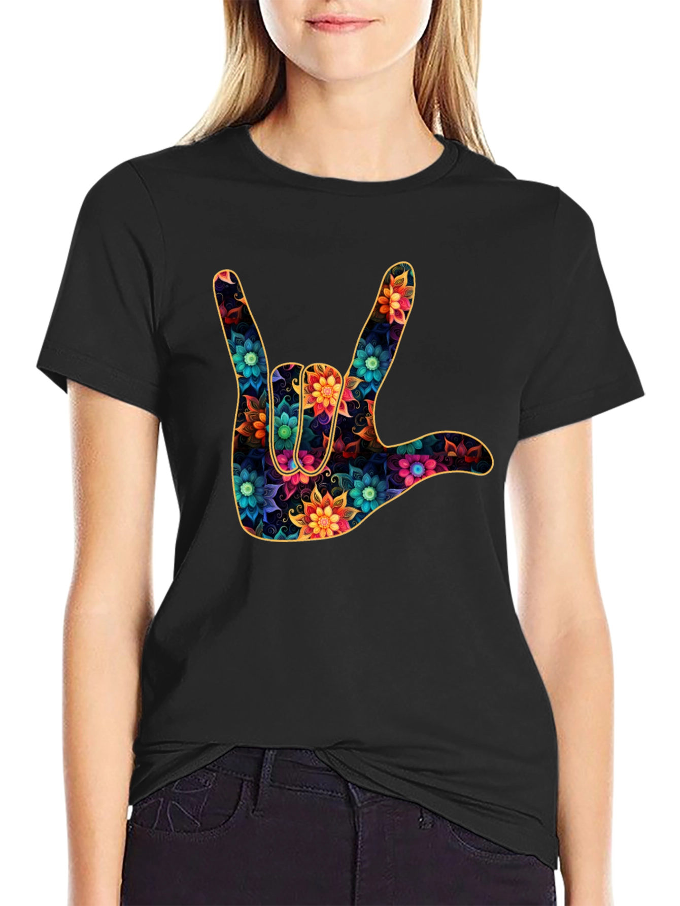 Floral I Love You Hand Sign Black T-Shirt