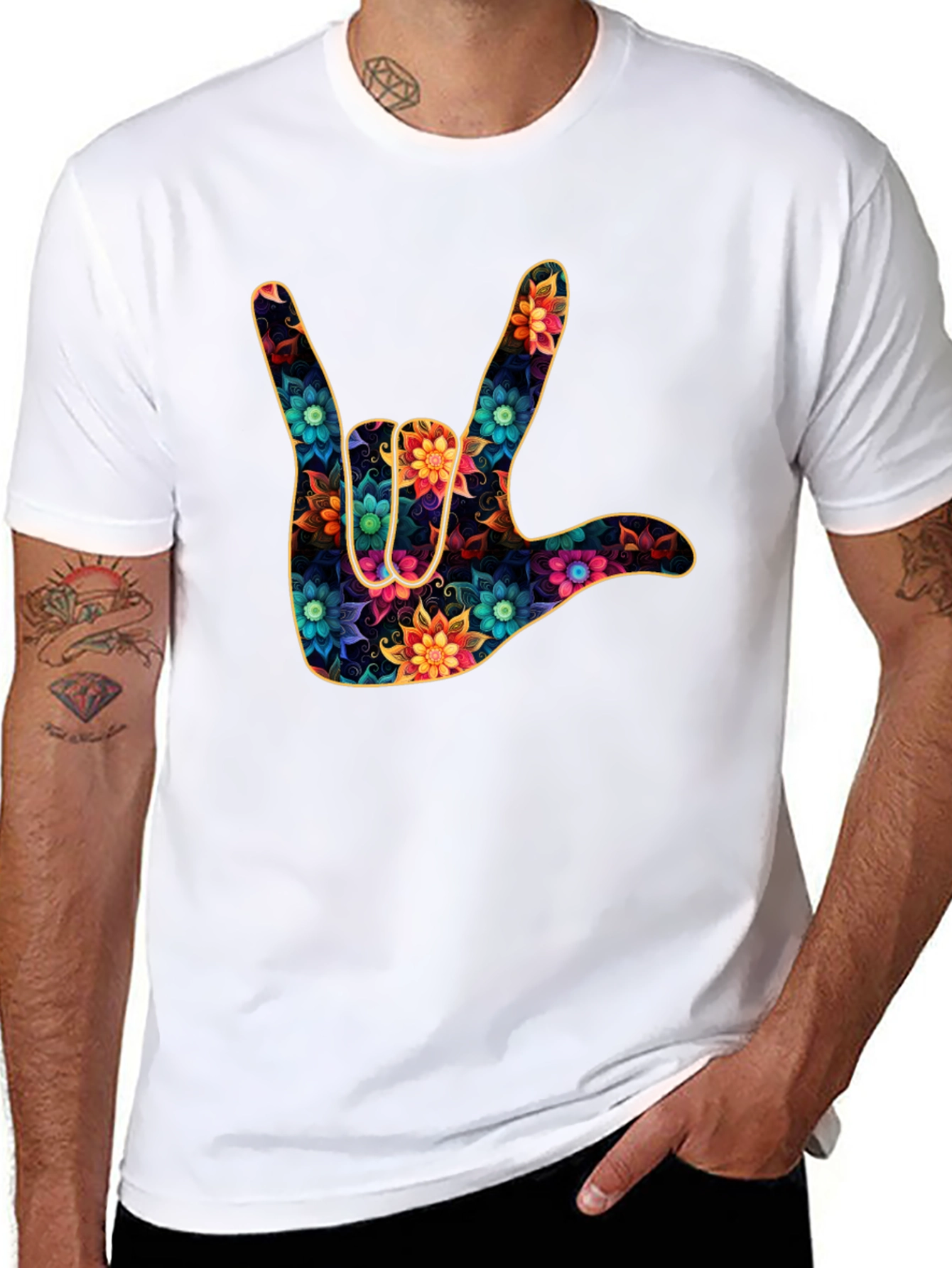 Floral I Love You Hand Sign Black T-Shirt