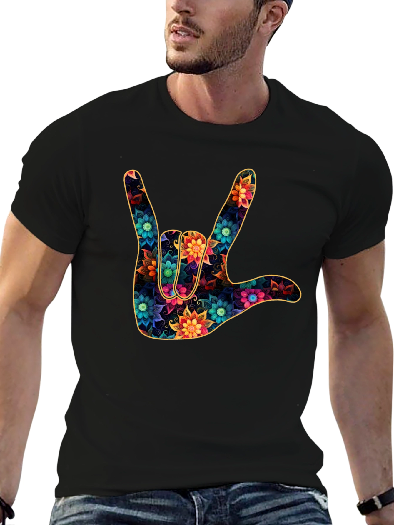 Floral I Love You Hand Sign Black T-Shirt