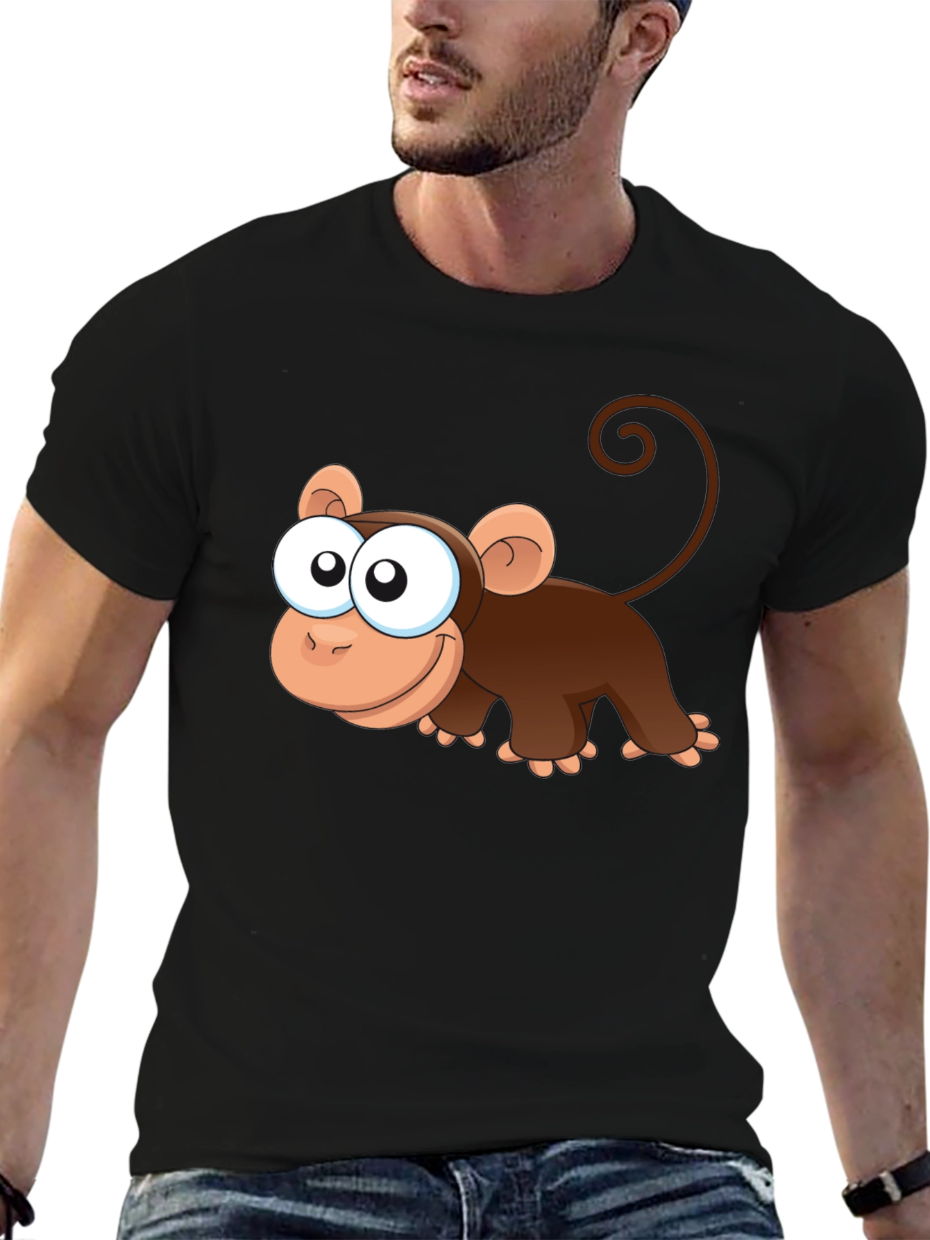 Cute Monkey Cartoon Black T-Shirt