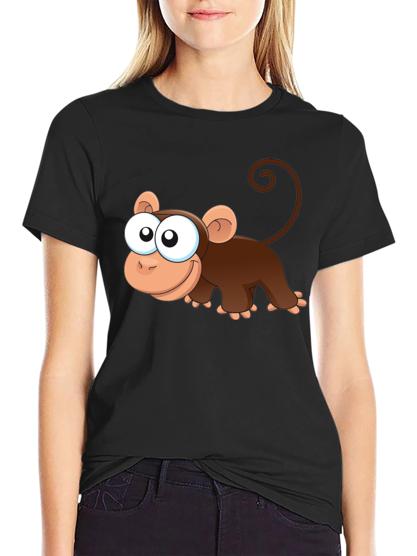 Cute Monkey Cartoon Black T-Shirt