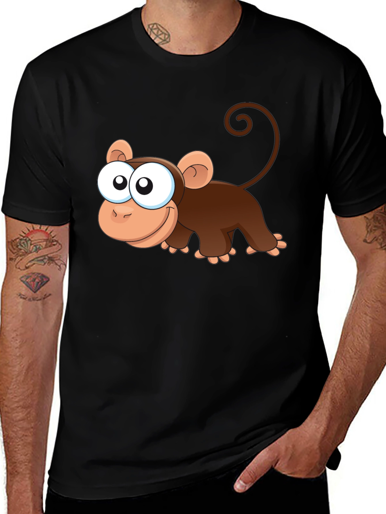 Cute Monkey Cartoon Black T-Shirt