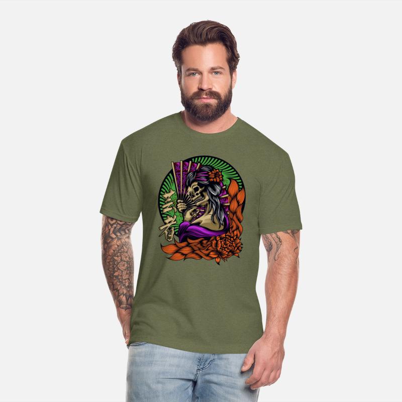 SKULL Geisha Japanese woman fanning herself flower