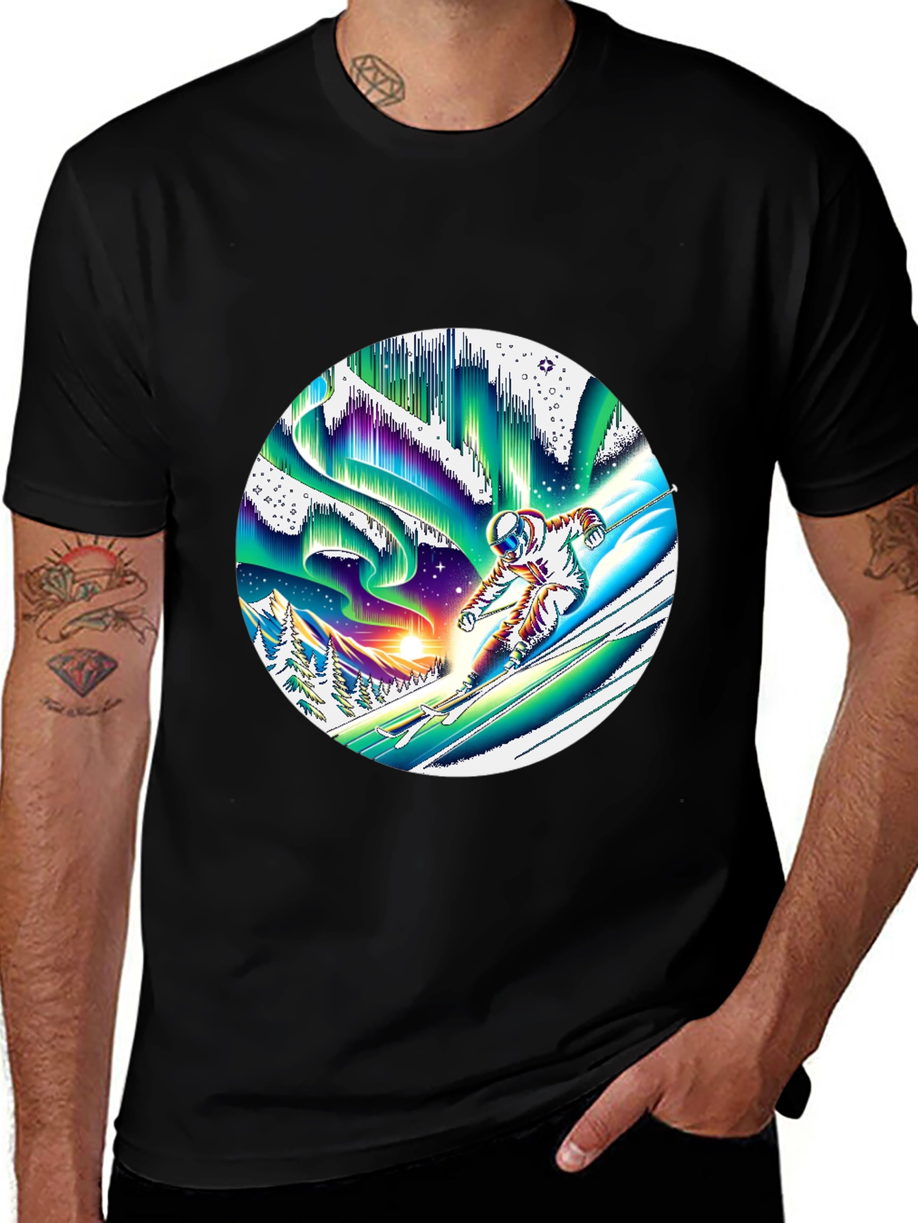 Astronaut Skiing T-Shirt Northern Lights Graphic Tee
