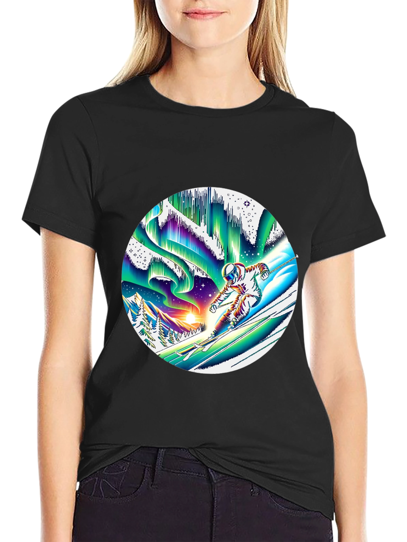 Astronaut Skiing T-Shirt Northern Lights Graphic Tee