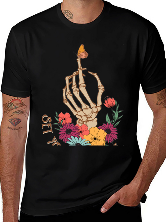 Floral Skeleton Hand Graphic Tee - Mens Black T-Shirt