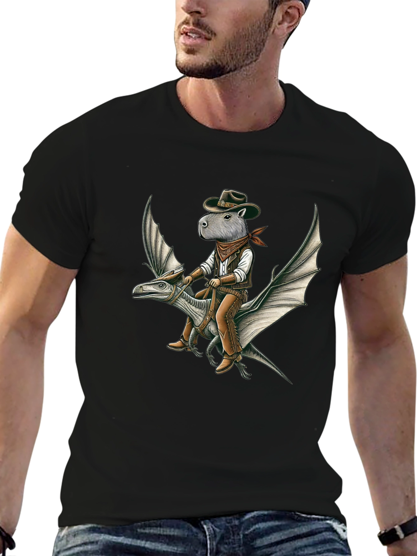 Capybara Cowboy Riding Dinosaur Graphic Tee
