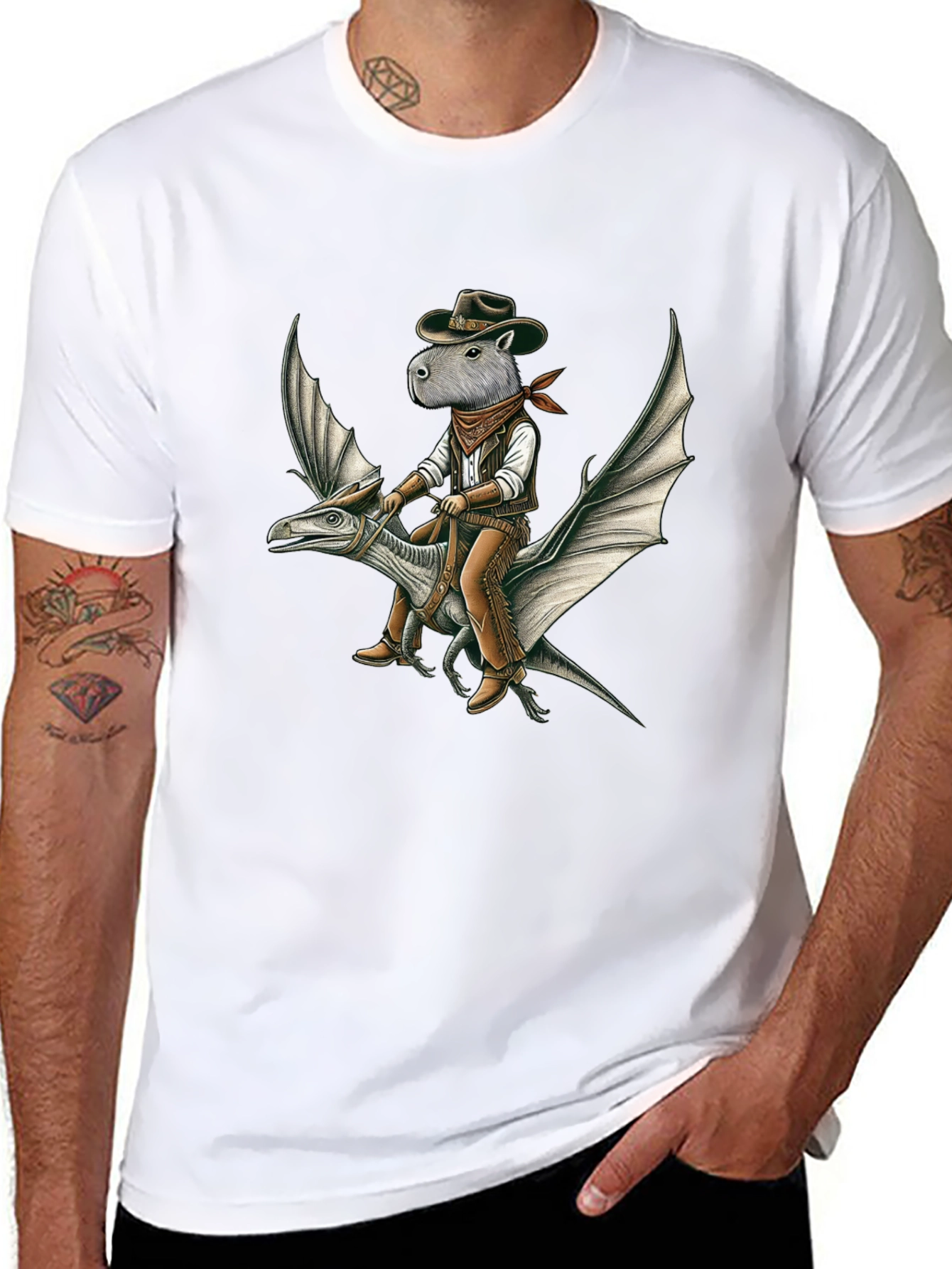 Capybara Cowboy Riding Dinosaur Graphic Tee