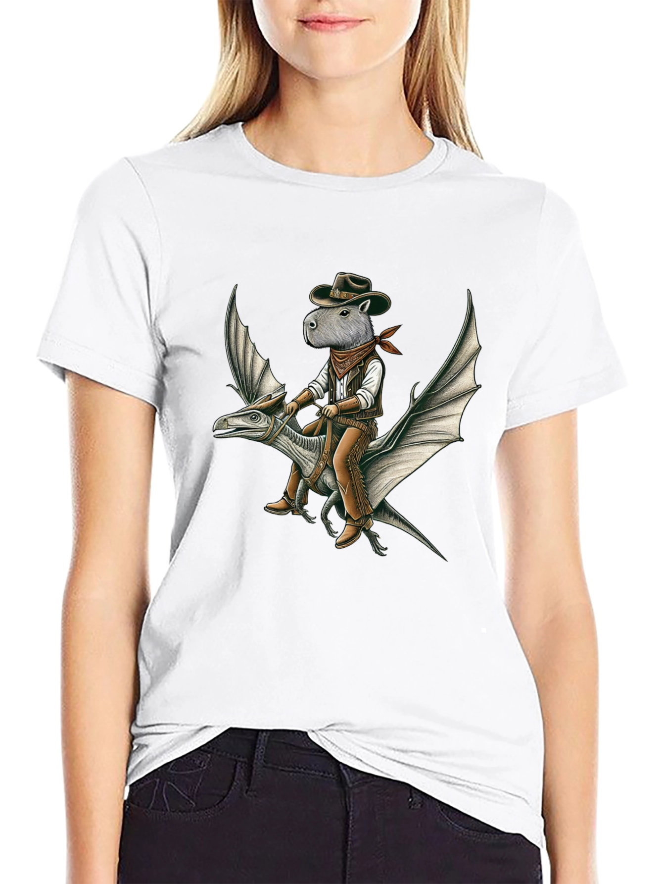 Capybara Cowboy Riding Dinosaur Graphic Tee