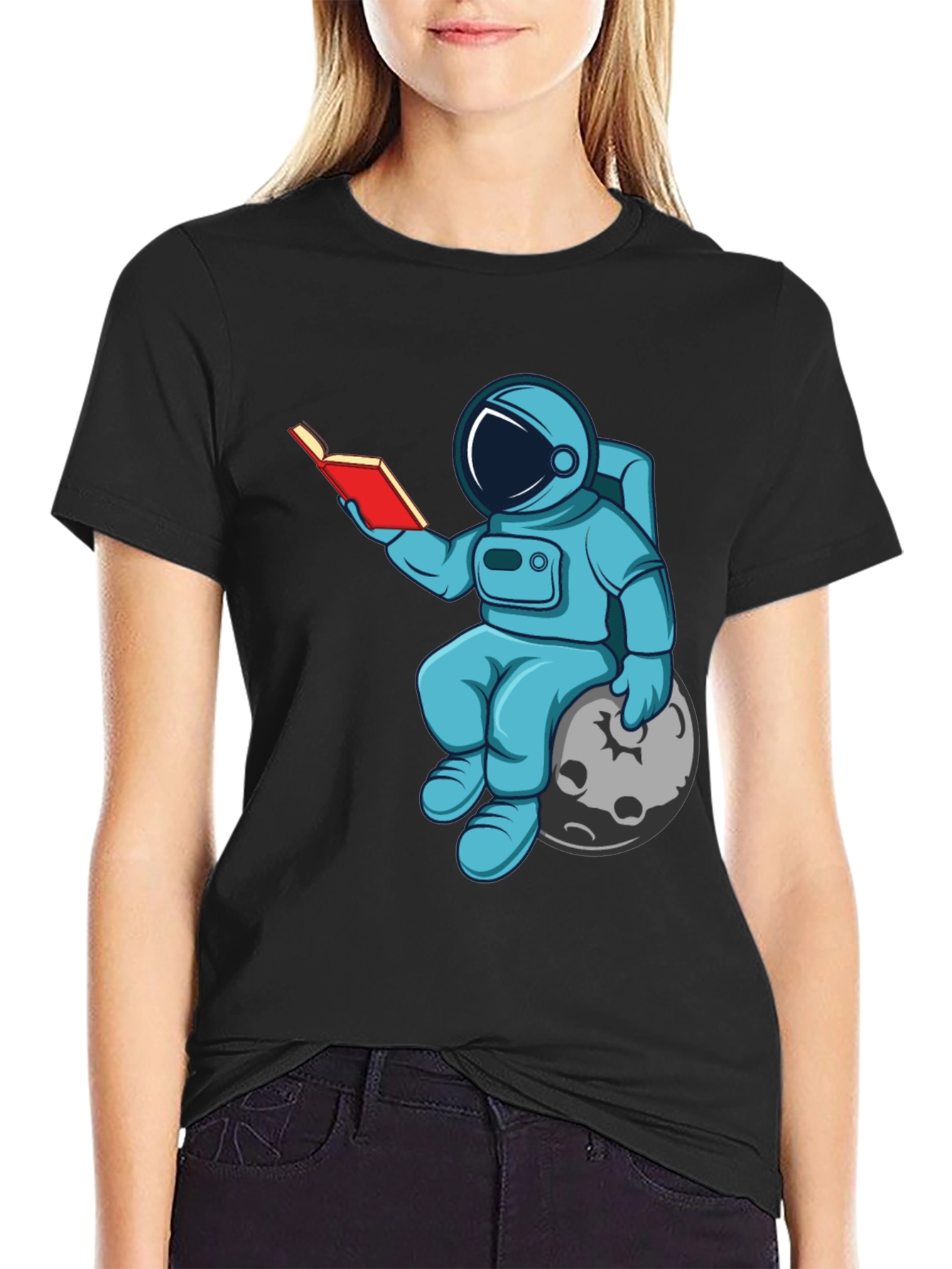 Astronaut Reading Book on Moon Graphic T-Shirt