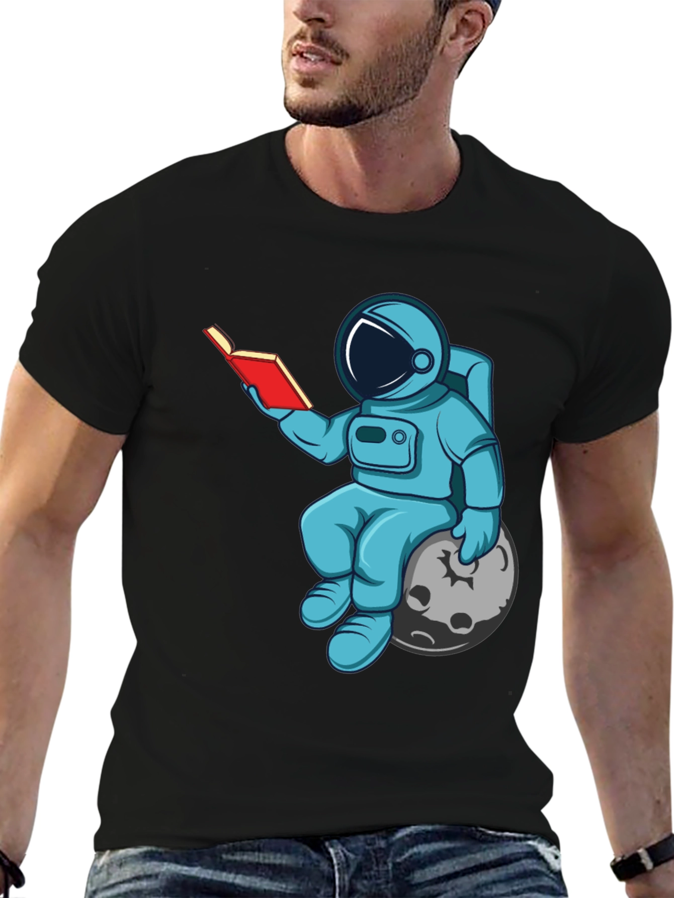 Astronaut Reading Book on Moon Graphic T-Shirt