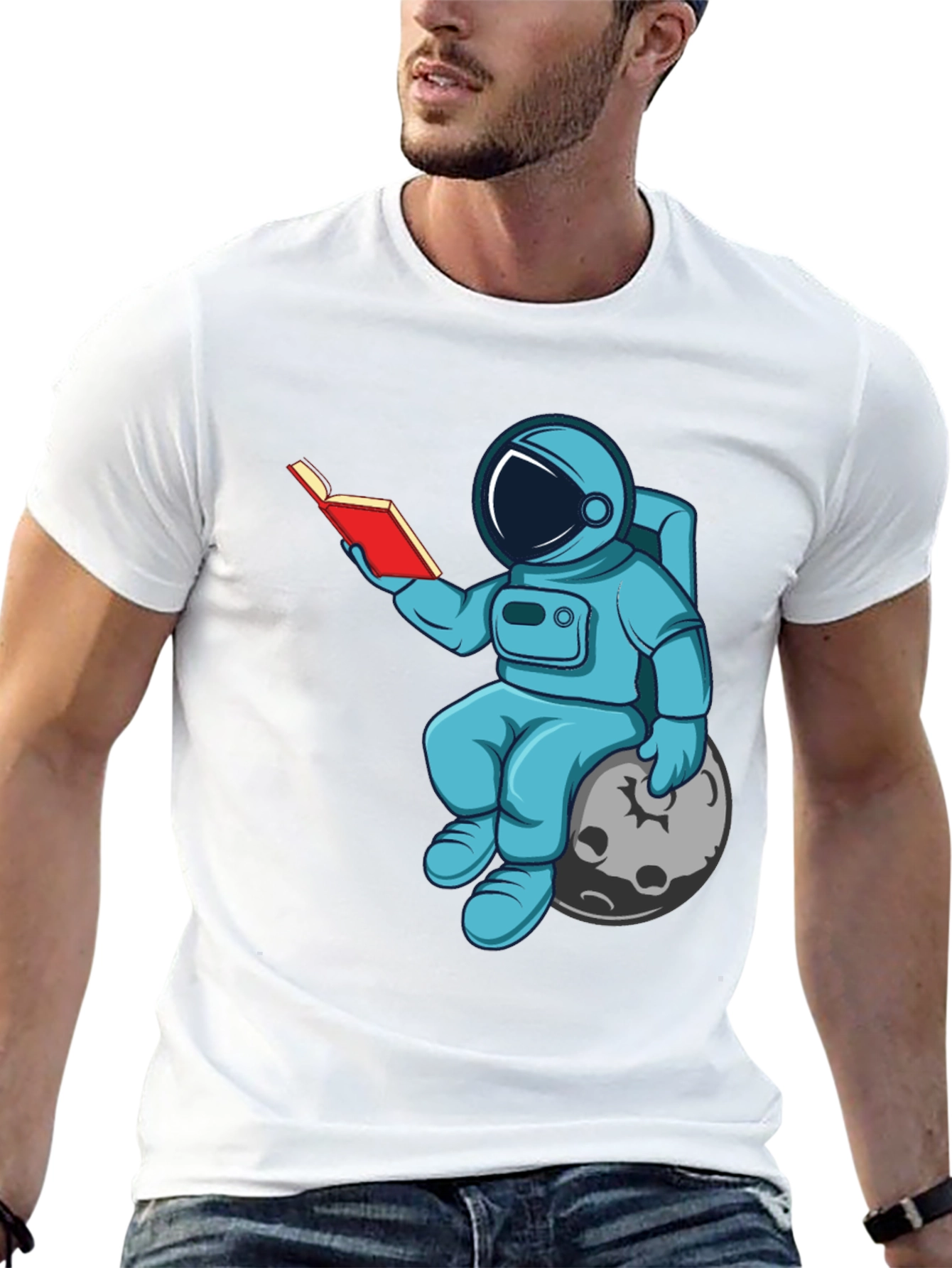 Astronaut Reading Book on Moon Graphic T-Shirt