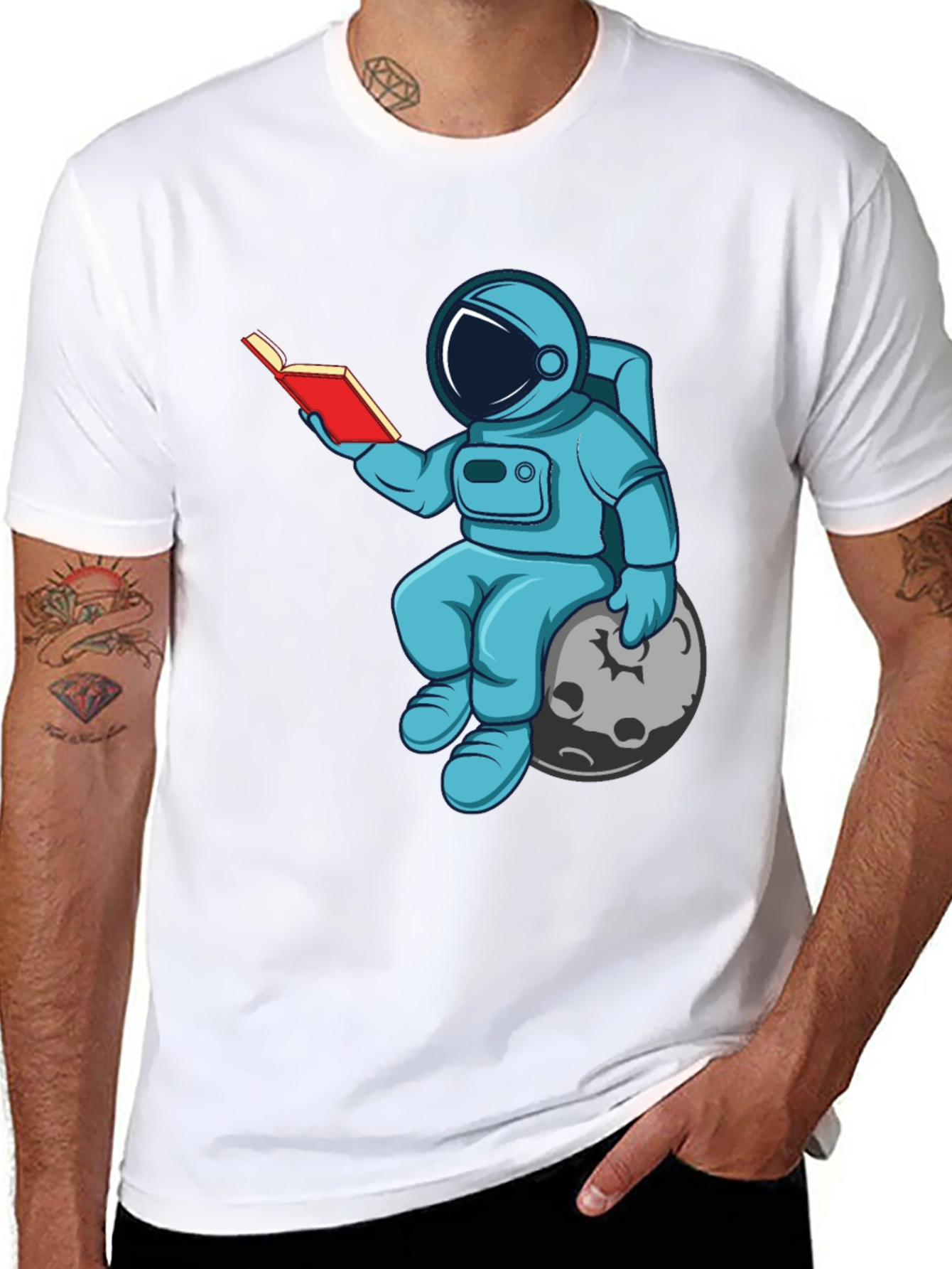 Astronaut Reading Book on Moon Graphic T-Shirt