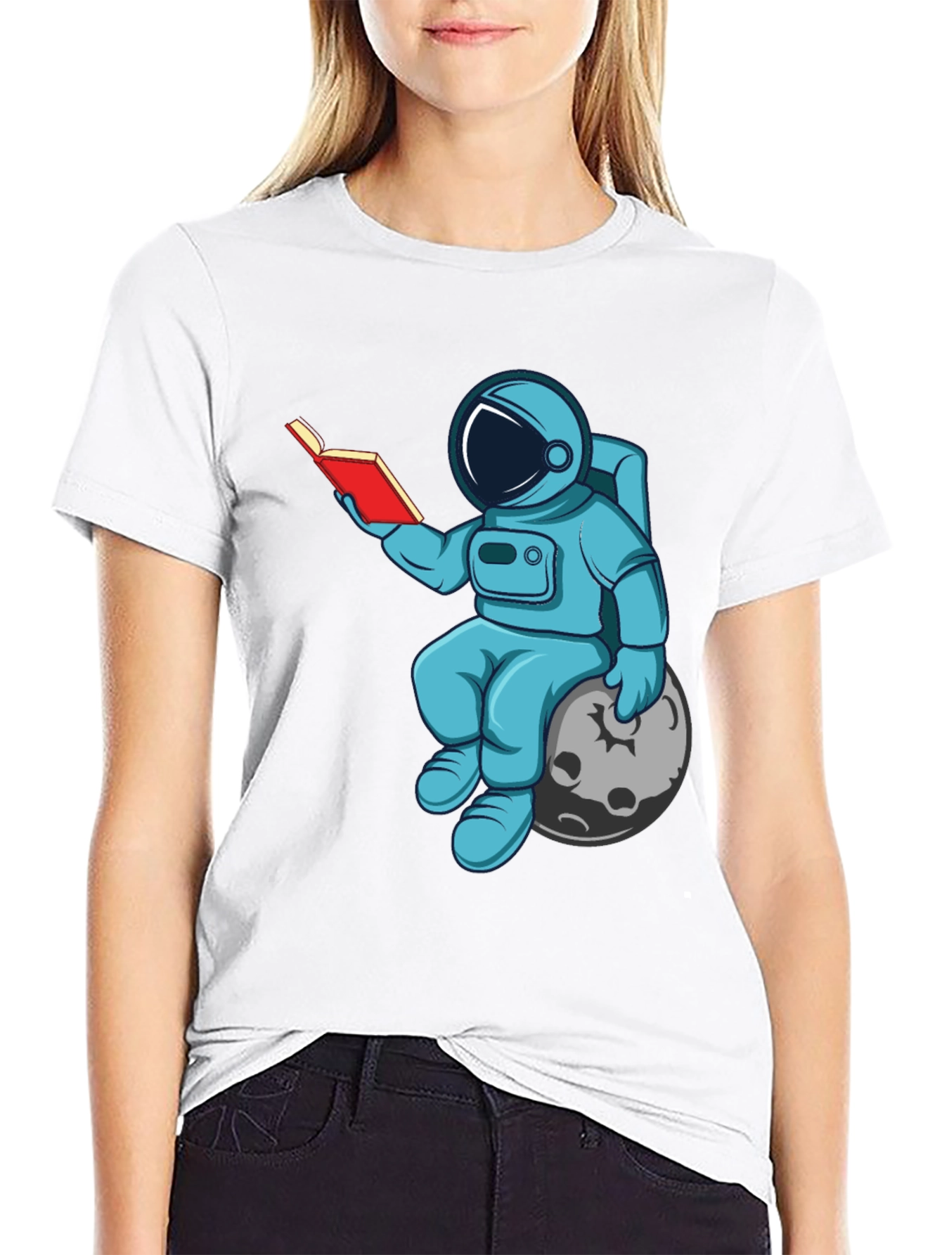 Astronaut Reading Book on Moon Graphic T-Shirt